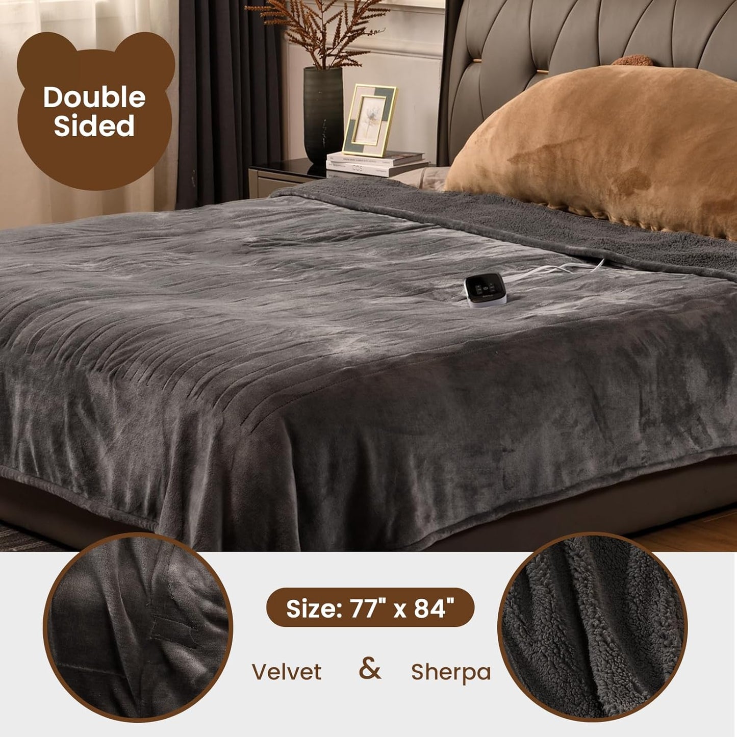 Bearhug Electric Blanket Full Size 77" x 84", Velvet & Sherpa Heated Blanket, Over-Heat Protect, 10 Heating Levels & 1-12H Auto Off, ETL, Machine Washable