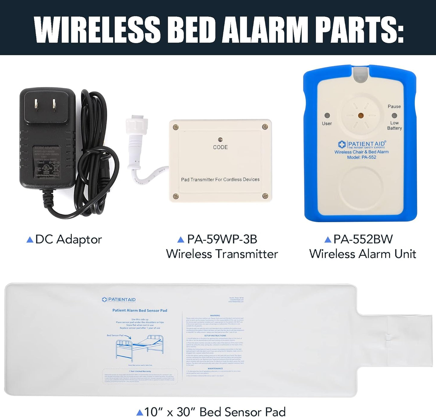 Patient Aid Patient Wireless Bed Alarm 10"x30" Mattress Pad with Motion Sensor, 3 Chime and Mounting Options, AC Adapter, Fall Prevention System for Seniors - Bed Alarms for Elderly - Mailbox Alert
