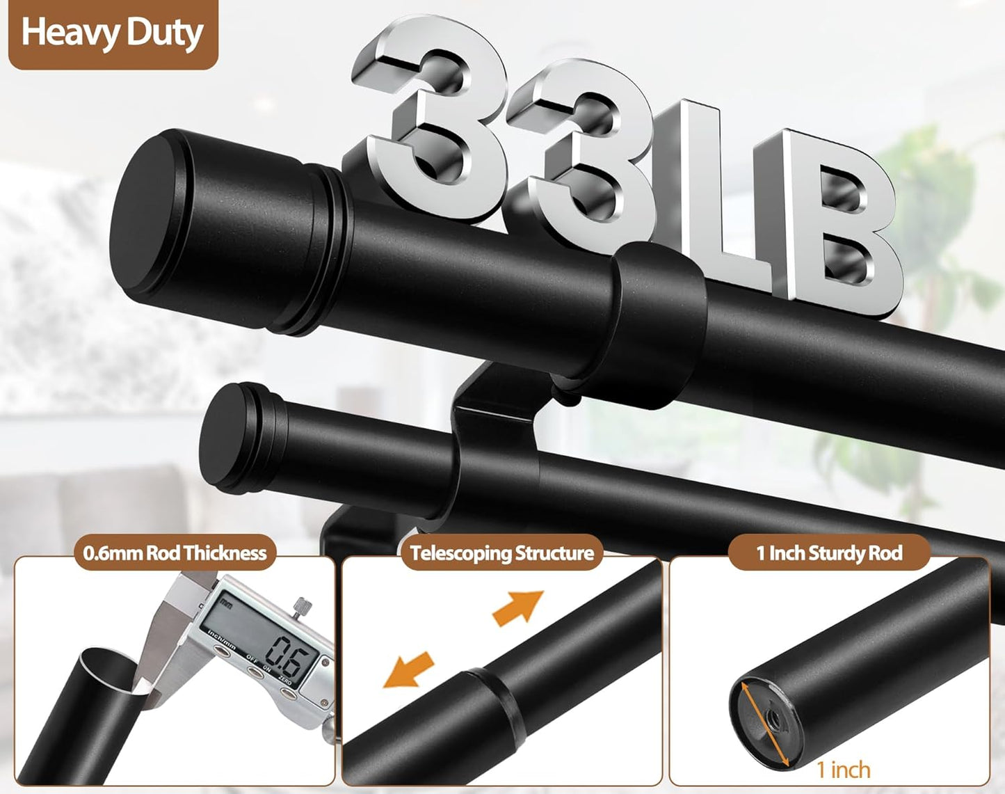 Double Curtain Rod 72 to 144 Inch, HOTOZON 1 Inch Heavy Duty Double Curtain Rods for Windows 60 to 140 Inches(5-11.6 ft), Telescoping Drapery Rod with Simple End Finials, Black