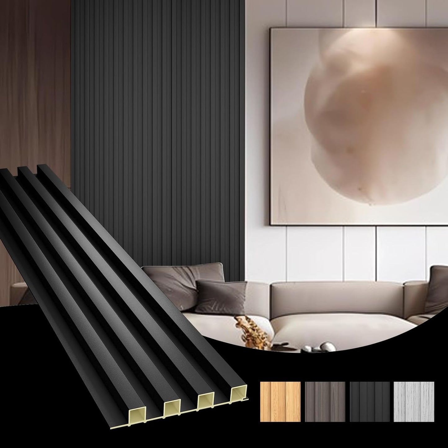 OUZUGIE WPC Acoustic Slat Wall Paneling, 8-Pack 114 x 6 Inches 3D Wall Panels for Interior Wall Decor,Living Room,TV Background,Study Room,Office Spaces,Bedroom,High Grille (Black)