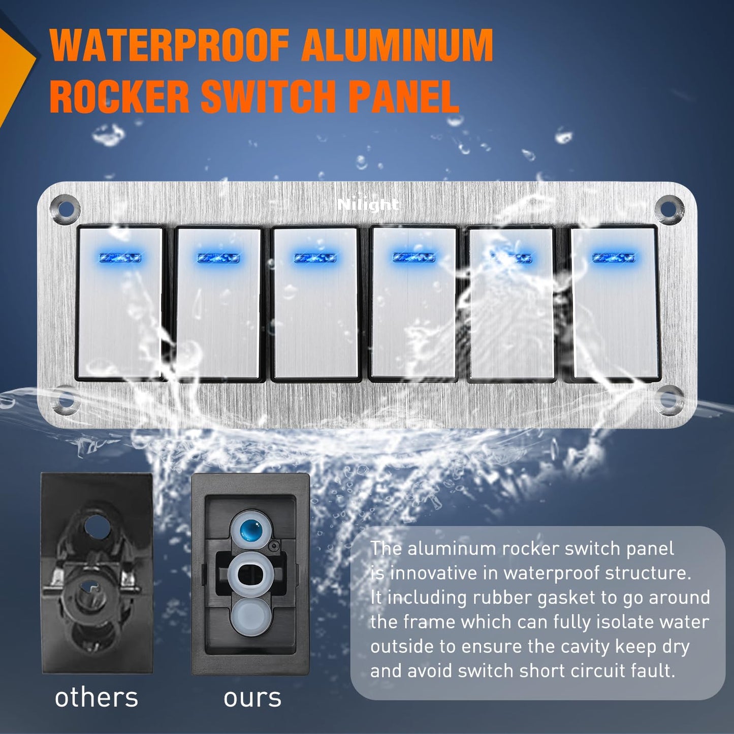 Nilight 6 Gang Rocker Switch Panel 3 Pin On Off Pre-Wired Blue LED Waterproof Aluminum with DIY Stickers for 12V 24V Automotive Cars Marine Boats UTV Truck Jeeps