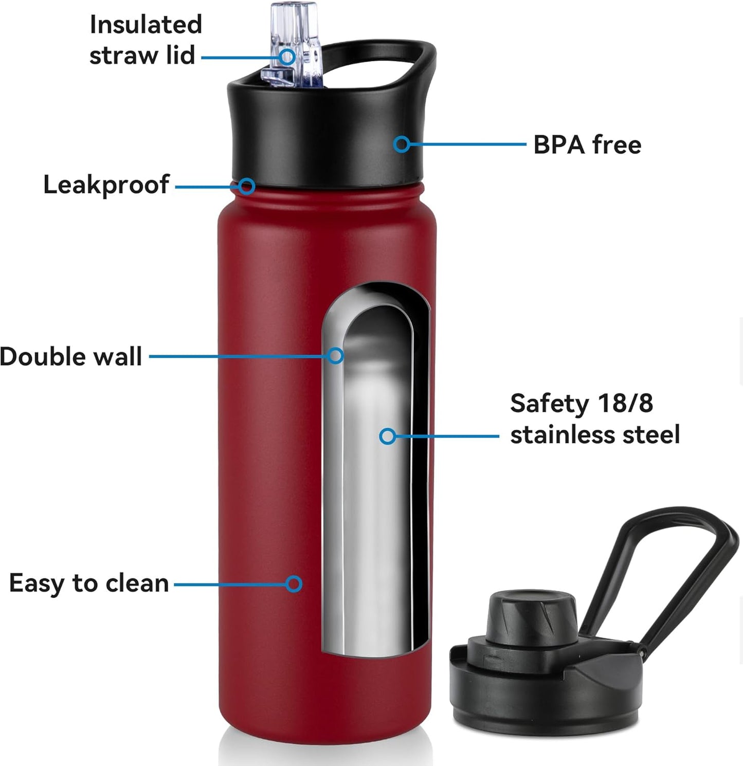 24oz Insulated Water Bottle with Straw Lid, Stainless Steel Metal Water Bottle with Straw & Wide Mouth Lid, Double Wall Vacuum Water Bottle for Hiking Camping, Red 4 Pack