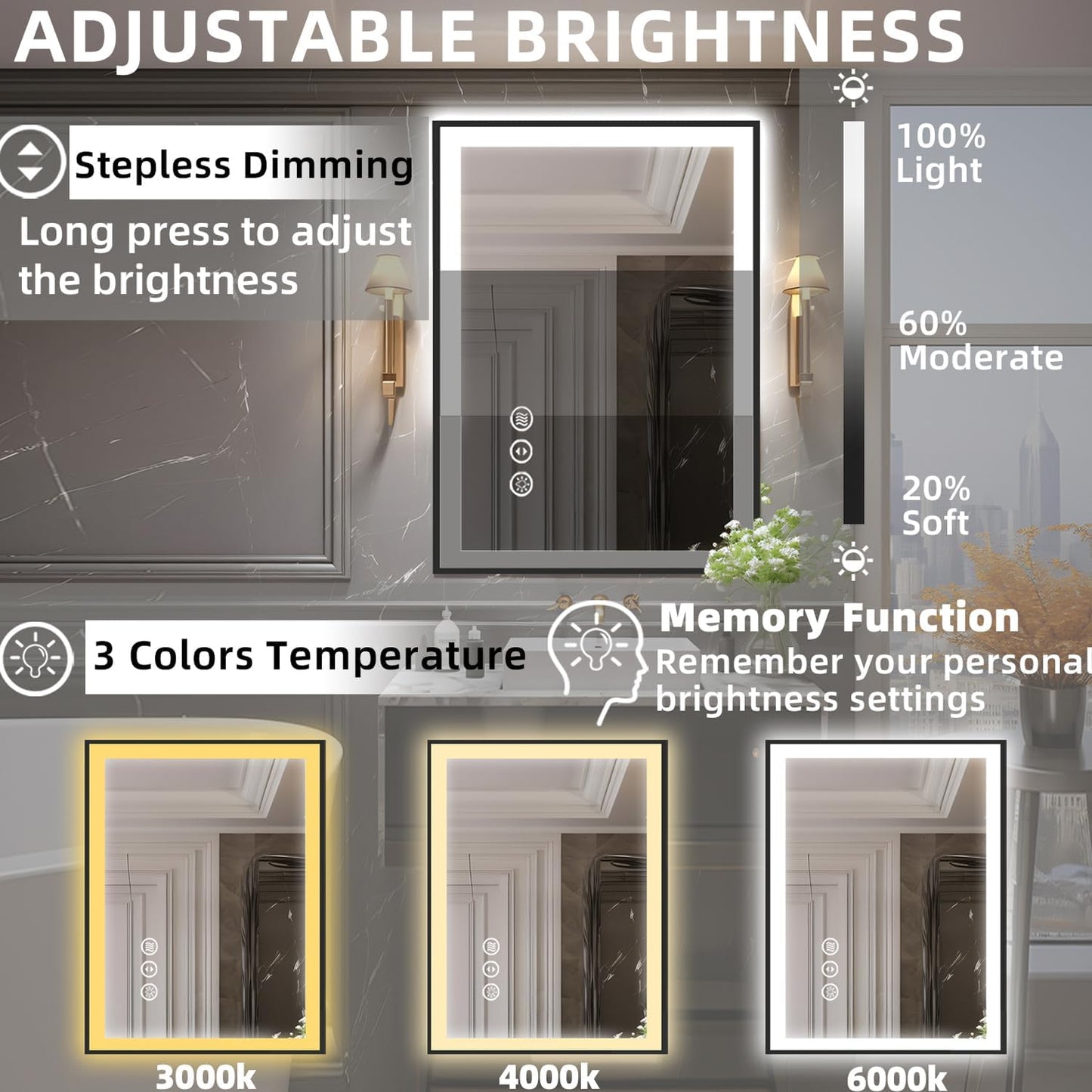 20x28 Light up Bathroom Mirror,LED Vanity Mirror,Black Framed,Backlit + Front Lit,3 Colors Dimmable,Anti-Fog,Shatter-Proof,Touch Control,Anti-Corrosion,Memory(Horizontal/Vertical)