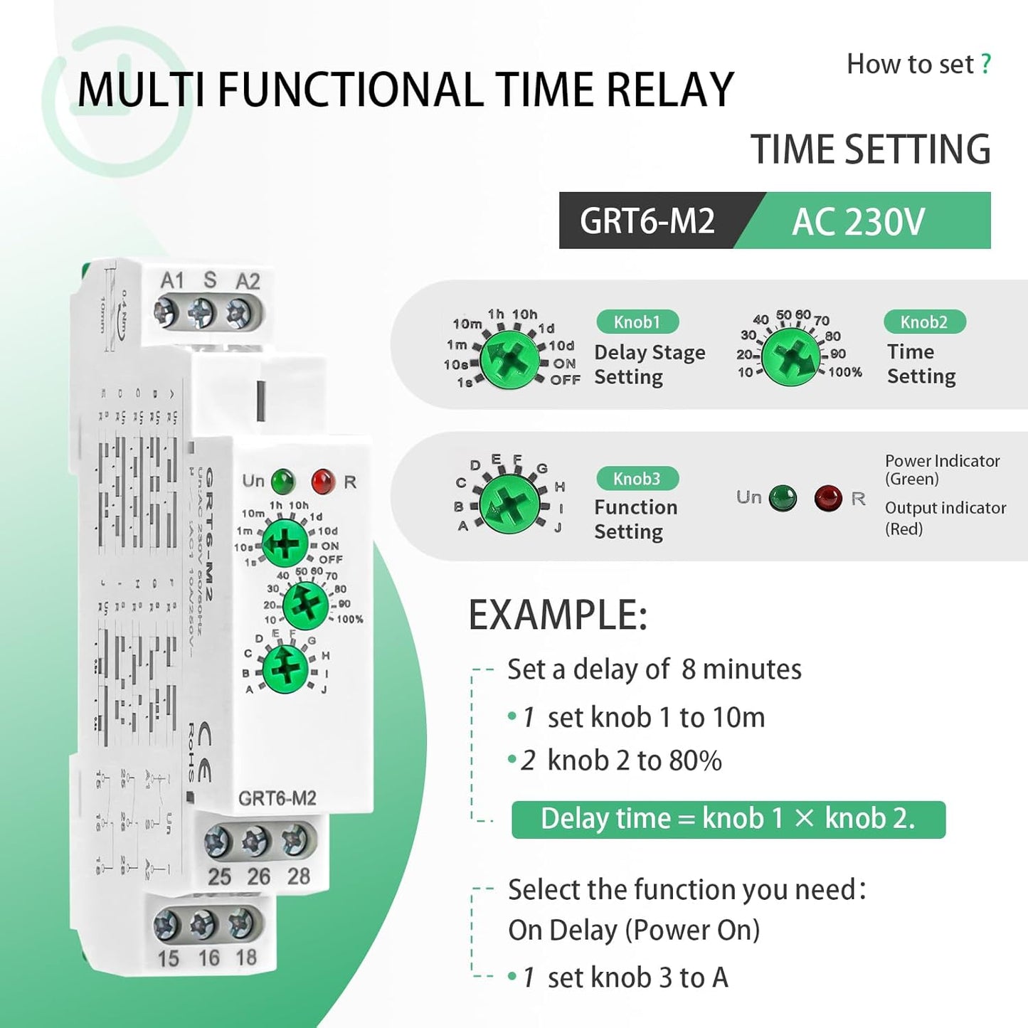 Multifunction Time Relay Module 10A, Adjustable Delay Timer Switch, 0.1s-10 Days Wide Time Range Delay AC230V Factory Automation Time Relay Universal Voltage DIN Rail GTR-6 M2 AC230V