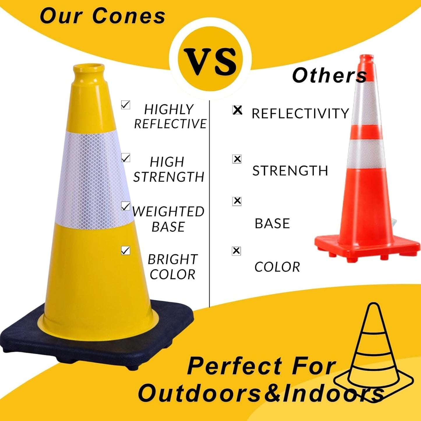 BESEA 8Pack 18 Inch Yellow Traffic Cones with 6 Inch Reflective Collar, Heavy Duty PVC Safety Cones with 10.5 x 10.5 Inch Base for Parking, Driving Practice, Sports Training, and Construction