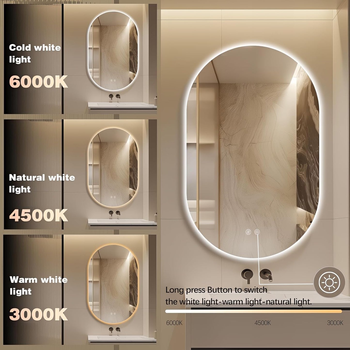 48" x 30" Oval LED Mirror for Bathroom, Backlit Vanity Mirror with Lights, Frameless Smart Wall Mirror, 3 Colors Stepless Dimmable, Anti-Fog, Shatterproof, Memory, CRI95+(Horizontal/Vertical)