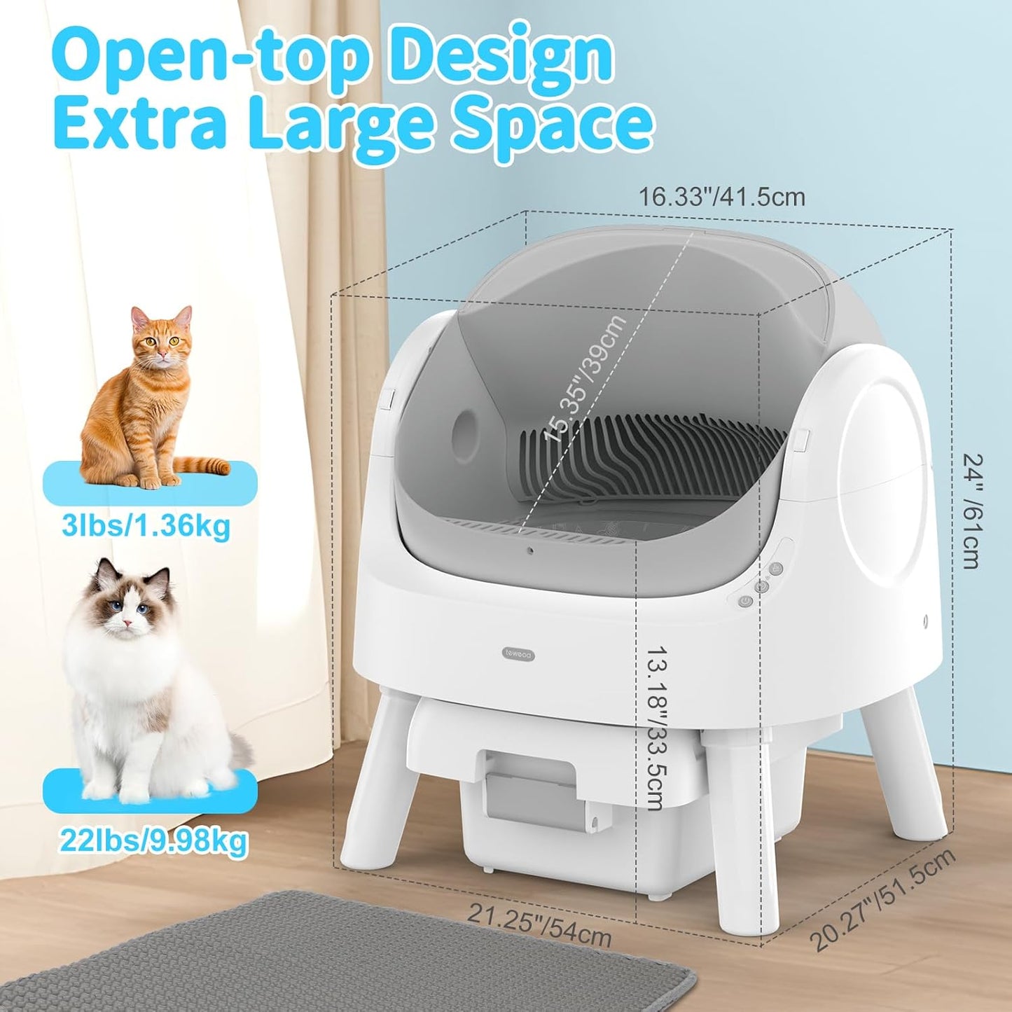 Self Cleaning Cat Litter Box, Automatic Litter Box for Multiple Cats, Integrated Safety Protection with Open-Top Design