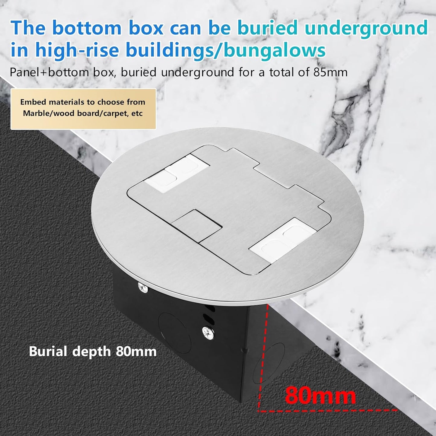 KYHSHJ Recessed Circular Floor Socket Kit with 2 * 20A Receptacle，4.8A*2 USB-A Ports ，Corrosive Resistant Hardware,Silver