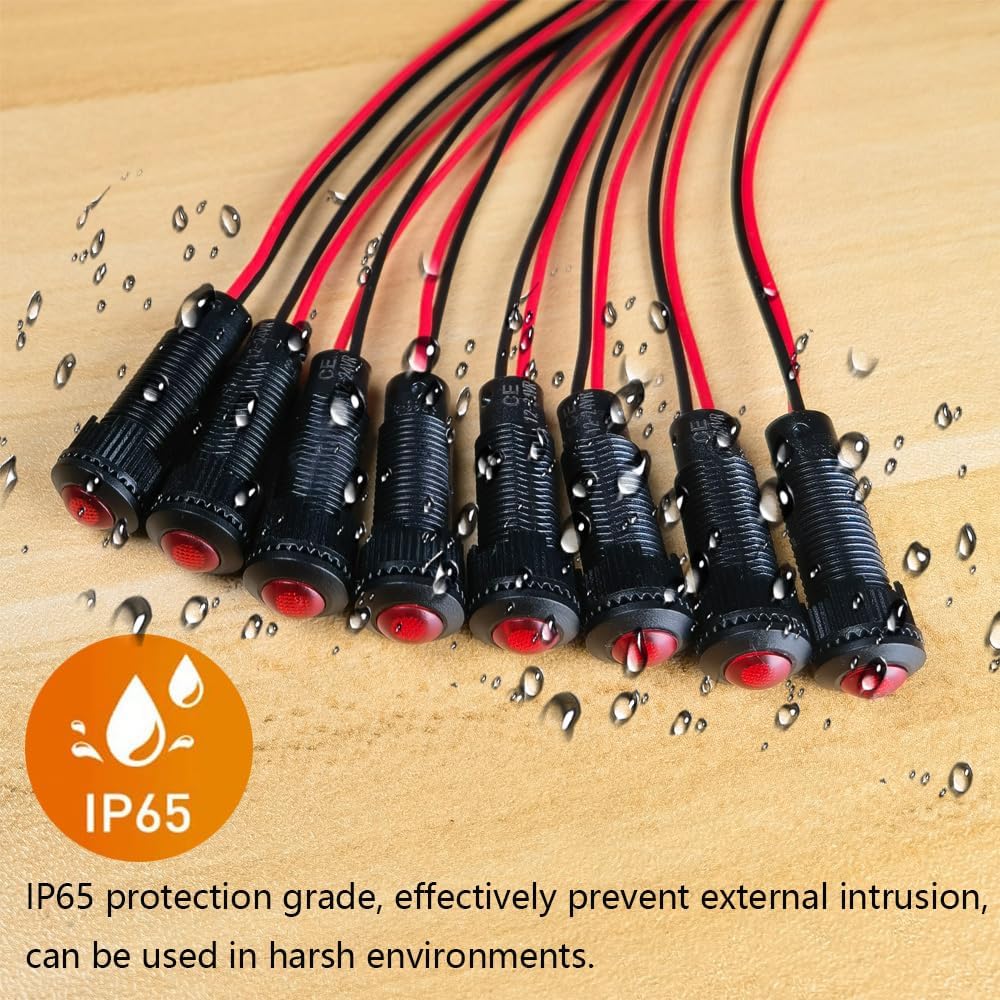 8pcs Red LED Indicator Pilot Light AC/DC 12-24V Mounting Hole Size 8mm(Flame Retardant Plastic Shell)