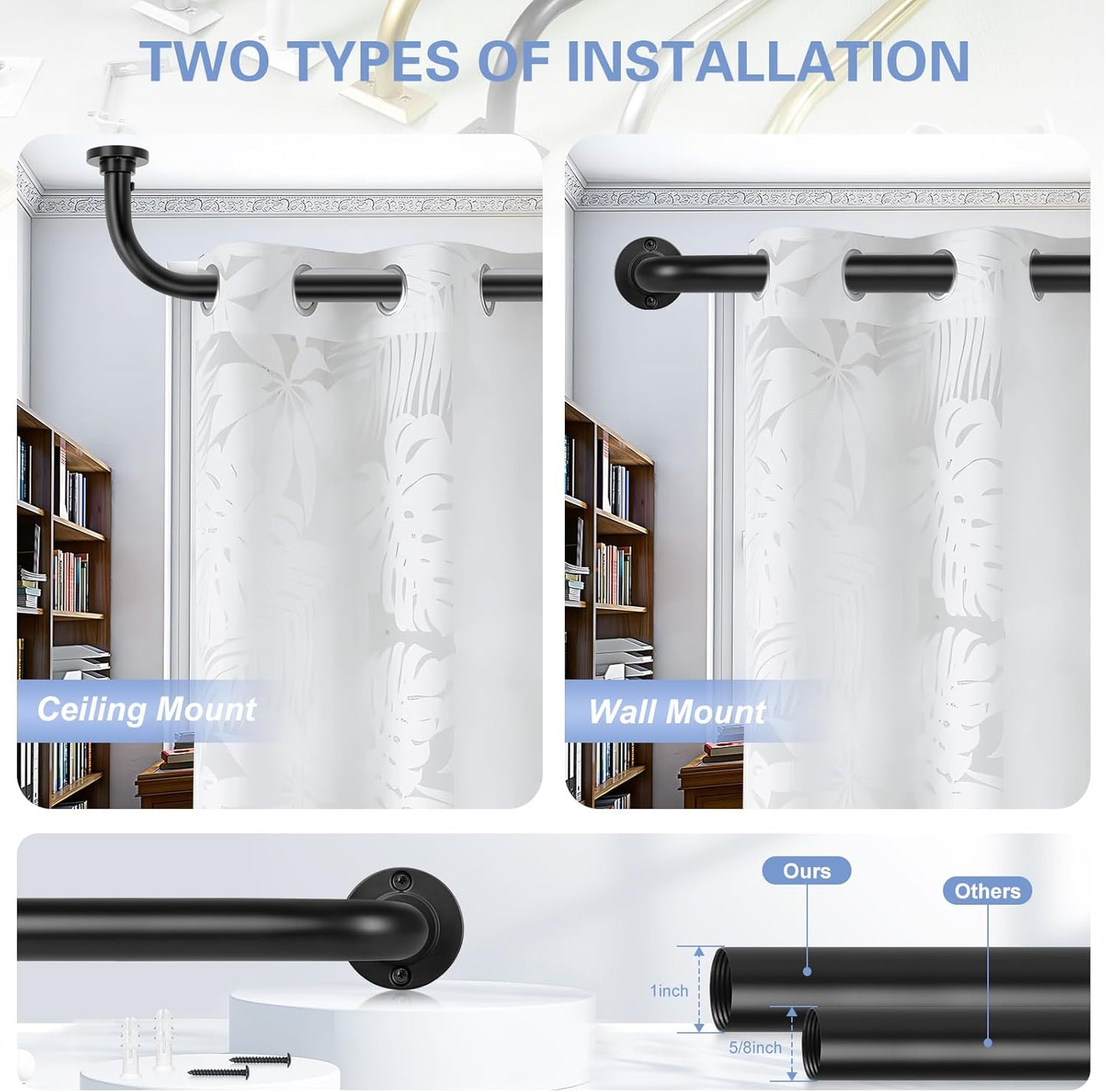 Black Wrap Around Curtain Rods 2Pack:Blackout Heavy duty Adjustable Window Curtain Rod for Bedroom,Industrial Darkening Curved French Metal Single Drapery Rods Easy Install,Matte Black 28-48"