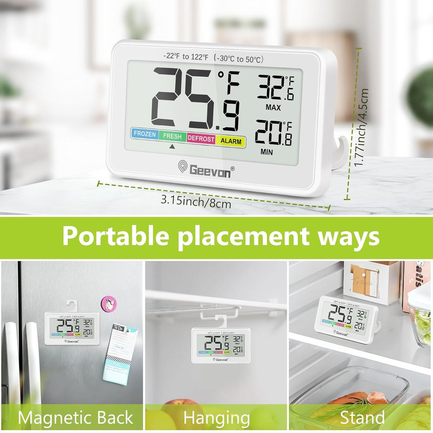 Geevon Digital Refrigerator Thermometer 2 Pack,IP65 Waterproof Fridge and Freeze Thermometer with Magnetic Back Large LCD,Max/Min Record Function for Home,Commercial