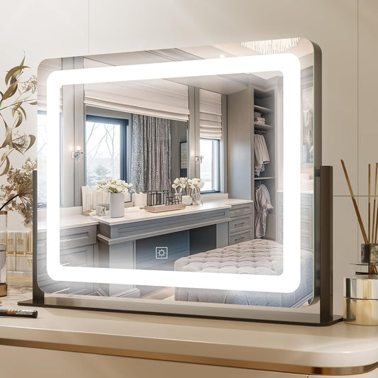 PRIMETEK Vanity Mirror with Lights, 22"x19" Large Makeup Mirror with Lights, LED Lighted Hollywood Makeup Mirror, Touch Sensor with 3-Color Lighting, Dimmable for Vanity Desk Tabletop, Bedroom, Black