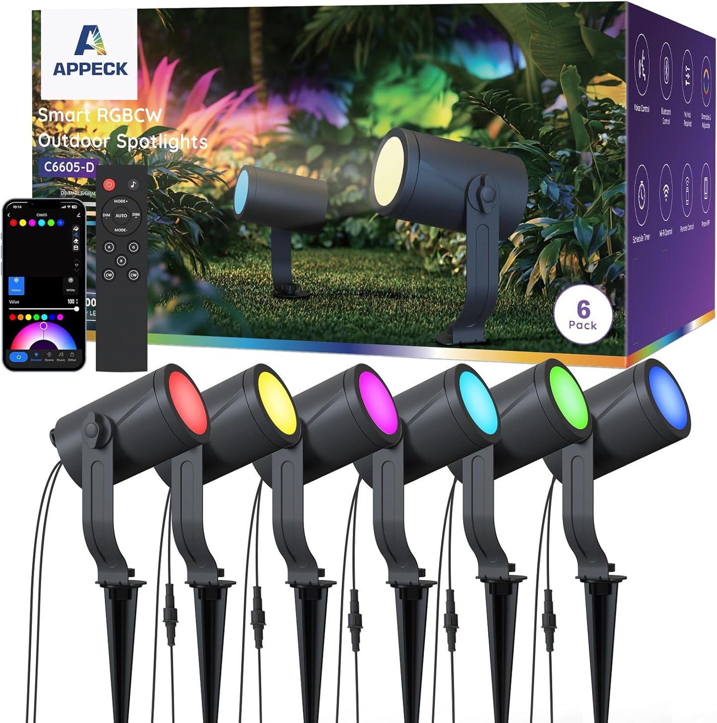 APPECK Smart Landscape Lighting Kit 36W, RGBCW Smart Landscape Lights 6 Pack, IP65 Waterproof Outdoor Spotlights, Alexa/Google Assistant Compatible, for Garden Pathway Yard Holiday Decor