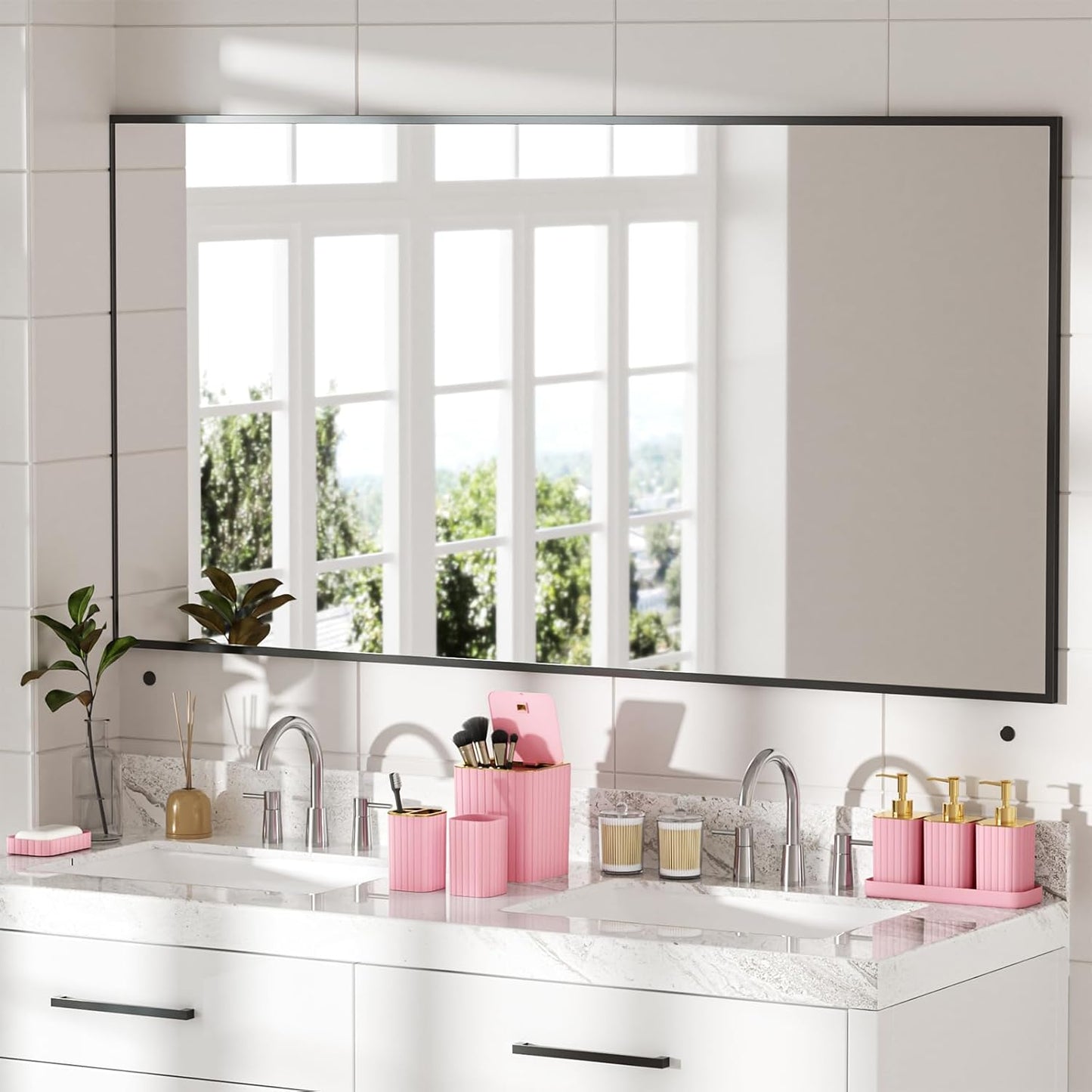 Bathroom Accessory Set - Bathroom Set, 12PC Bathroom Accessories Set, Pink Bathroom Accessories Set, Mini Trash Can, Toilet Brush, Trash Can & Soap Dispenser