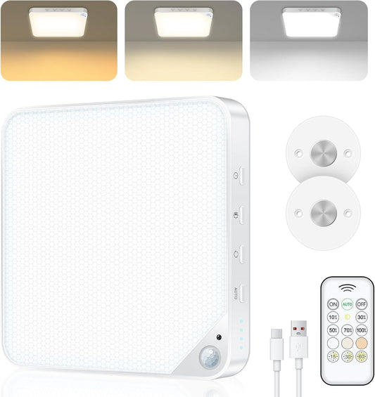 Rechargeable 6W Motion Sensor Ceiling Light Indoor, Wireless Magnetic Stick on Closet Light, Remote Control for Color & Brightness, Battery Operated Light for Shower, Bathroom, Pantry, Hallway, 1-Pack