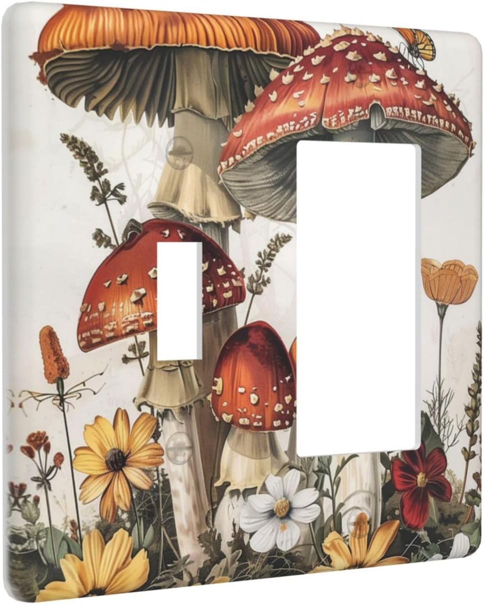 Outlet Covers Mushroom Forest Butterfly Wild Flower 1 Toggle 1 Rocker Combination Decorative Wall Plate Electrical Switch Plates Light Switch Cover Plate For Bed Room Living Room Decor
