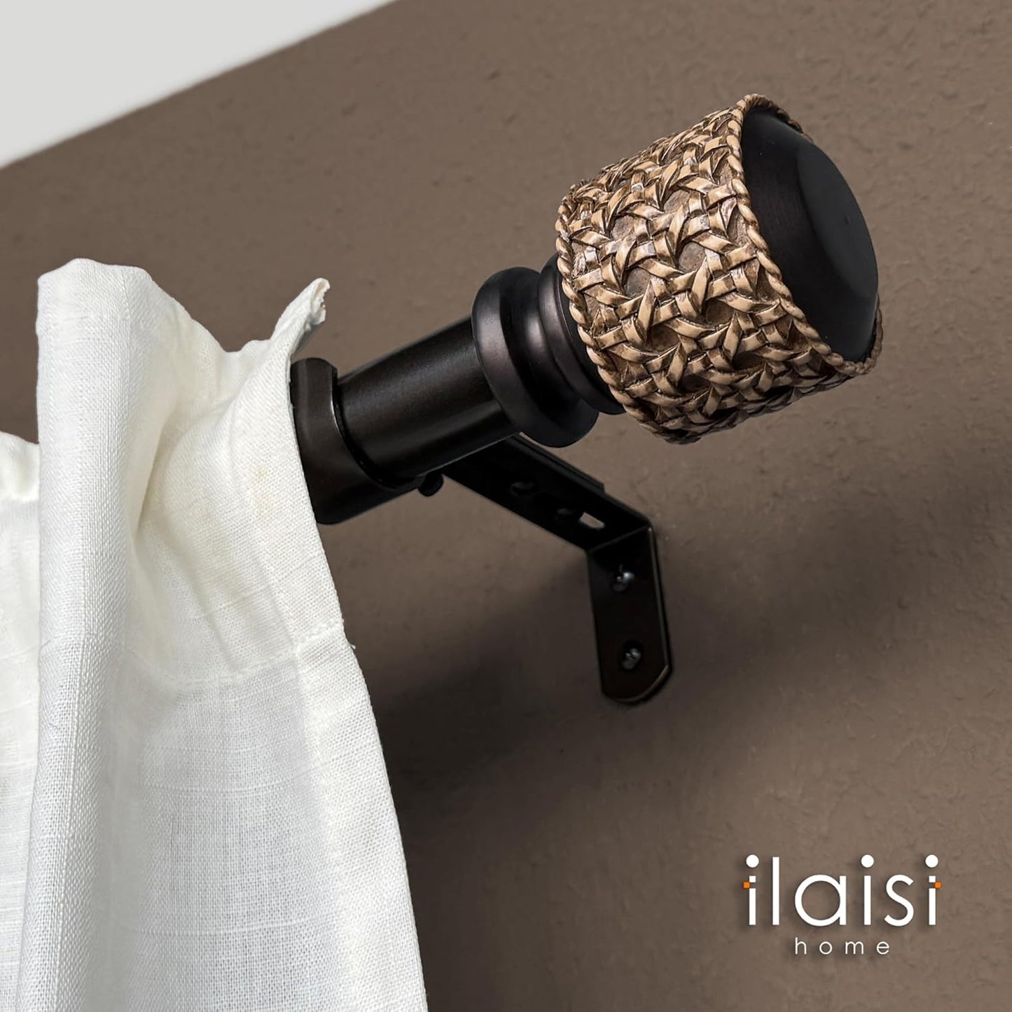 1-1/8 Inch Diameter Dark Bronze Curtain Rods with Faux Rattan Cane Woven Finials, 72-144'' Telescoping Single Curtain Rods for window width 68-140 inch, 1 pack
