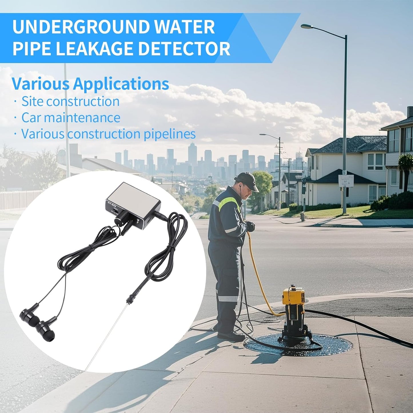 Water Leakage Detector, Underground Water Pipe Leak Detector Monitor with Intelligent High Sensitivity for Site Construction, Car Maintenance and Pipeline Locator