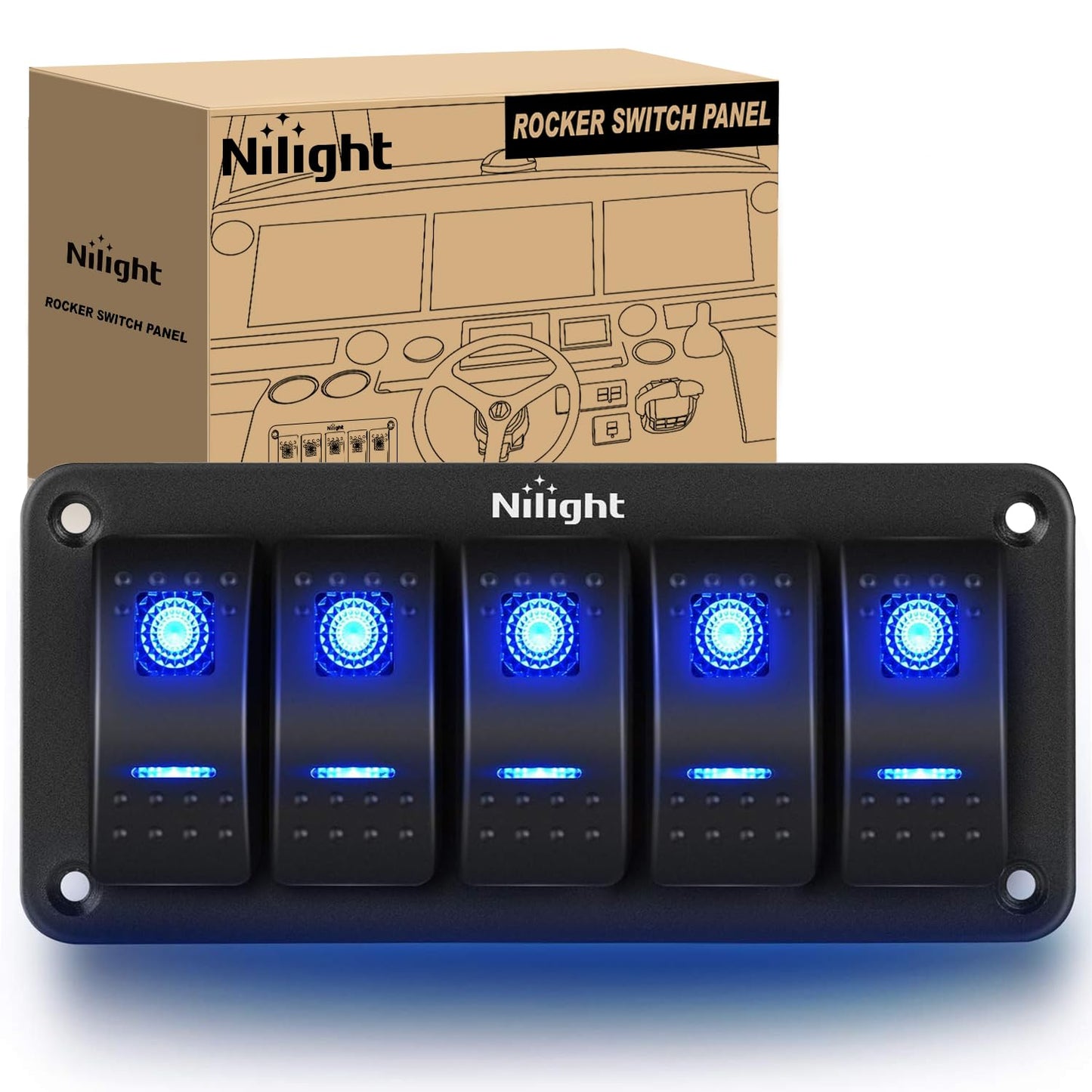 Nilight - 90110E 5 Gang Aluminum Rocker Switch Panel Toggle Dash 5 Pin ON/Off Pre-Wired Rocker Switch Blue Backlit Switch for Automotive Car Marine Boat RV,2 Years Warranty
