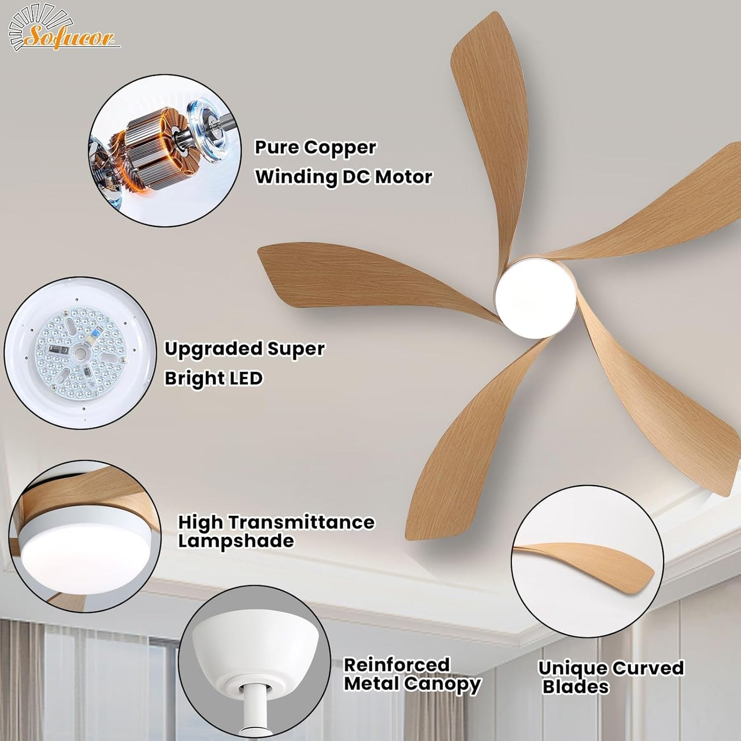 Sofucor 52" Smart Ceiling Fan, Indoor/Outdoor Ceiling Fans with Lights and Remote, Compatible with Alexa/Google/App, 3-Color Light 6-Speed Timing Reversible DC Motor for Bedroom Living Room Patio