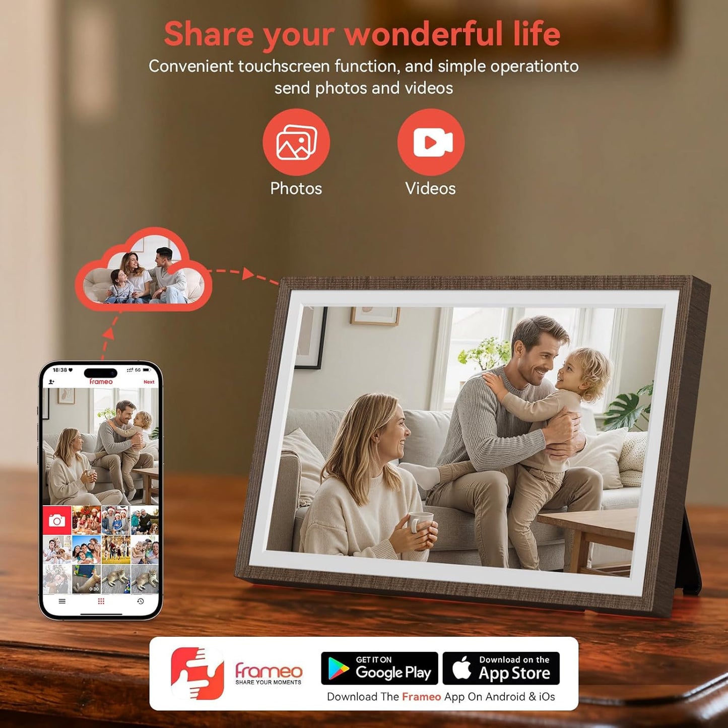 Frameo Wood 10.1 inch Digital Picture Frame, Smart WiFi Digital Photo Frame with 32G Memory, HD Touch Screen, Auto-Rotate, Slideshow, Easy Setup, Share Photos and Videos Anywhere(Brown Wood)
