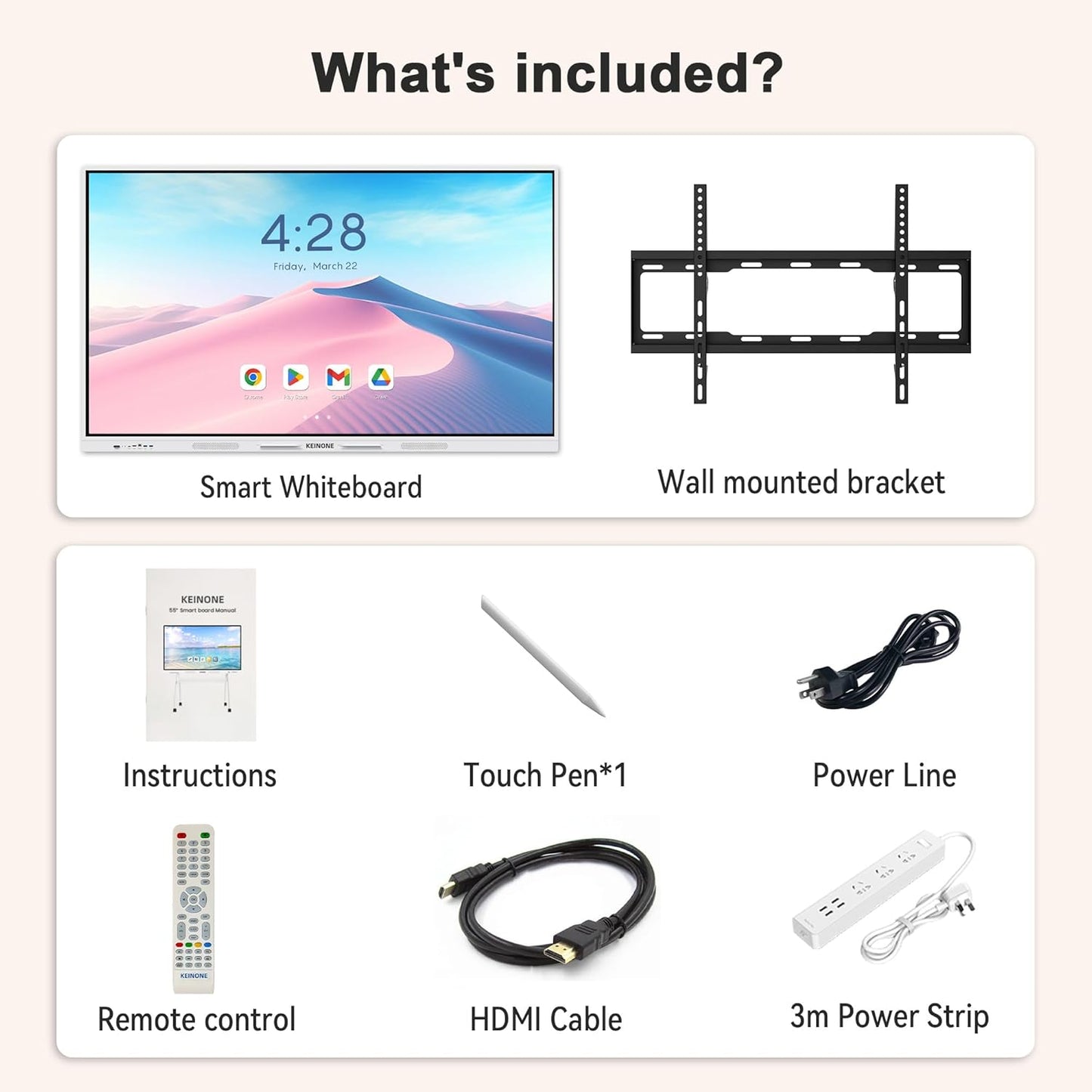 Interactive Smart Board for Classroom, 55” 8+128 GB Electronic Digital Whiteboard Built-in Google EDLA-Certified Android 14 OS - 4K Touchscreen Smartboard for Home Office School Studio Display