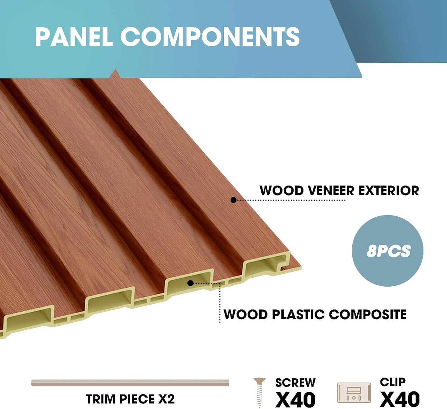 OUZUGIE WPC Acoustic Slat Wall Paneling, 8-Pack 114 x 6 Inches 3D Wall Panels for Interior Wall Decor,Living Room,TV Background,Study Room,Office Spaces,Bedroom,Low Grille (Teak)