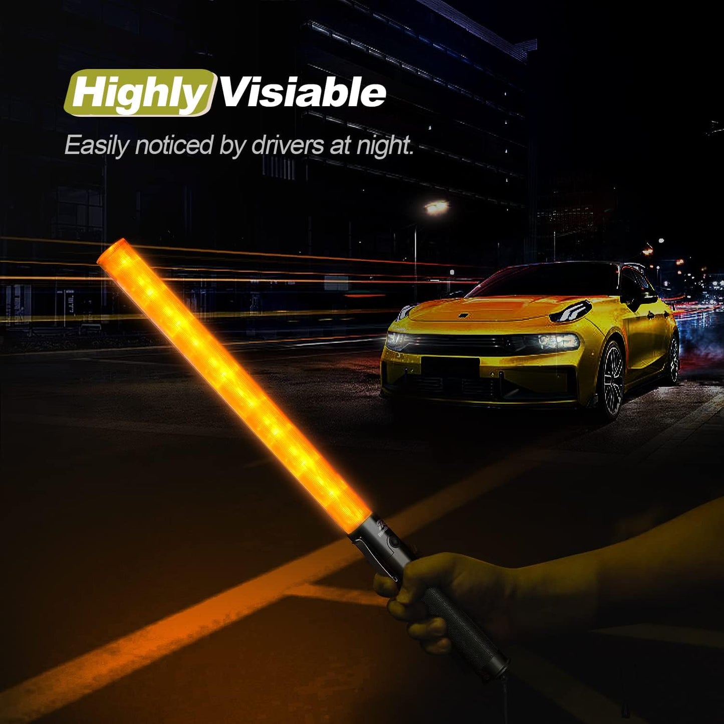 RoadHero 21 Inch Traffic Wand, Yellow LED Traffic Control Baton with 2 Flashing Modes, Night Safety Light Wand with Side Clip for Airport, Parking, Car Directing
