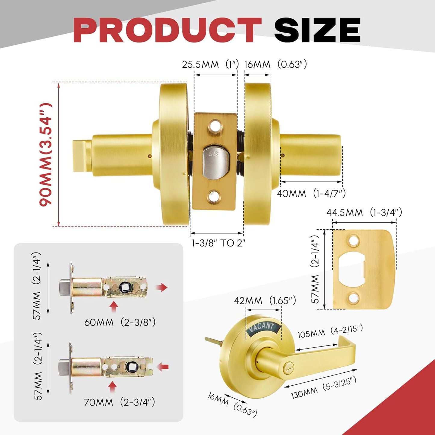 Tandefio 1 Set Vacant Occupied Bathroom Lock, Commercial Door Handle with in-use or Vacancy Occupied Deadbolt, Privacy Indicator Restroom Handle Lock for Restrooms, Satin Chrome (90 mm,Gold)
