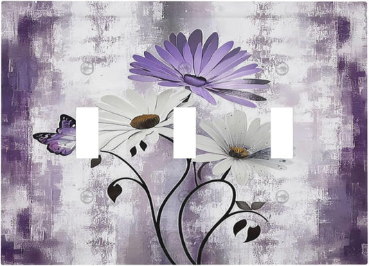 Light Switch Covers Purple Daisy White Floral Butterfly Flowers 3 Gang Wall Plates Triple Toggle Outlet Cover Decorative Switchplates Electrical Panel Cover for Kitchen Living Room 4.8 X 6.7 IN