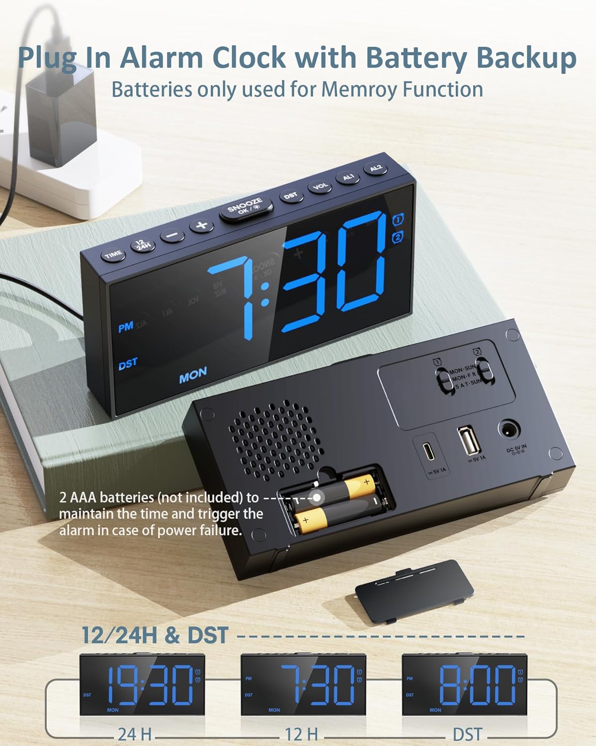Digital Alarm Clock for Bedroom Heavy Sleepers,7.5''Large Display,2 Alarms,Weekday/Weekend,Electric Bedside Desk Clock,Adjustable Volume,Dual Charging Ports,Snooze,Dimmer,Memory Function,12/24H &DST