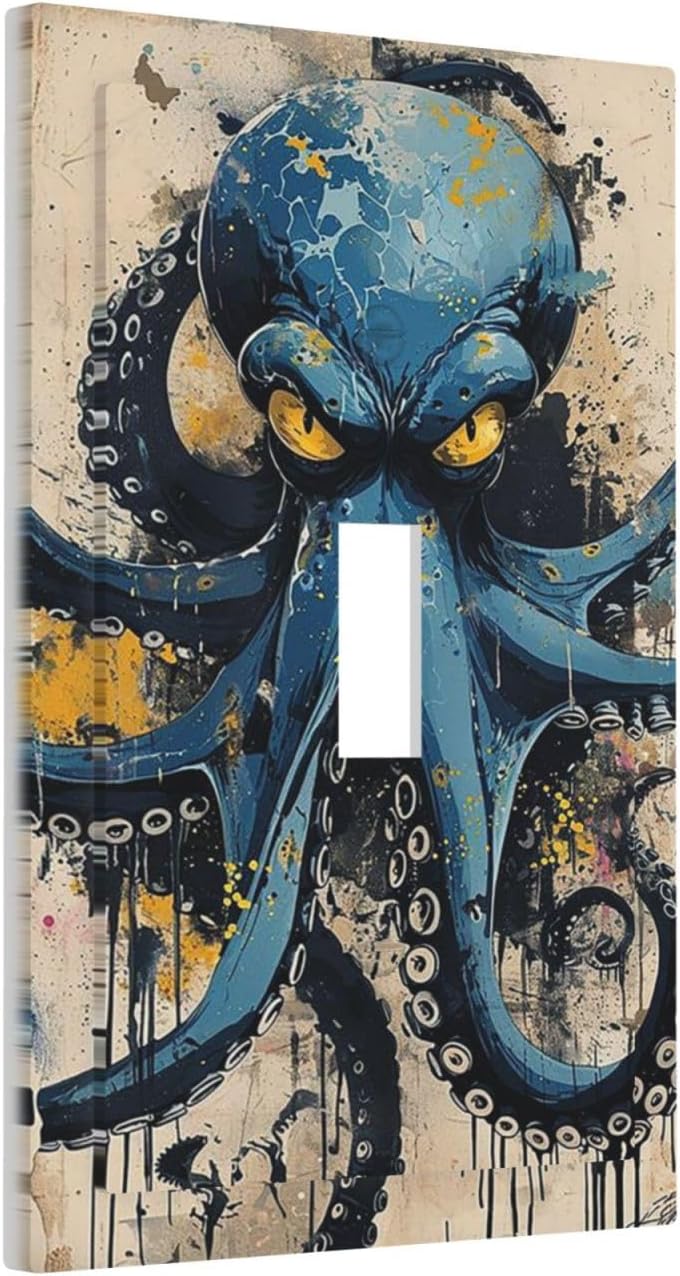 Decorative Light Switch Cover Nautical Vintage Blue Octopus Yellow Eyes Oil Watercolor 1 Gang Single Toggle Device Electrical Faceplate Switchplates Decorator Outlet Wall Plate for Kids room