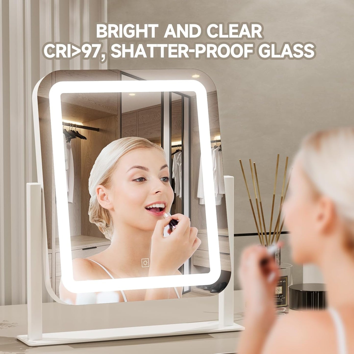 PRIMETEK Vanity Mirror with Lights, 16"x14" Large LED Lighted Makeup Mirror, Hollywood Makeup Mirror, Touch Screen, 3-Color Lighting, 5X Magnification, for Vanity Desk Tabletop, Bedroom, White