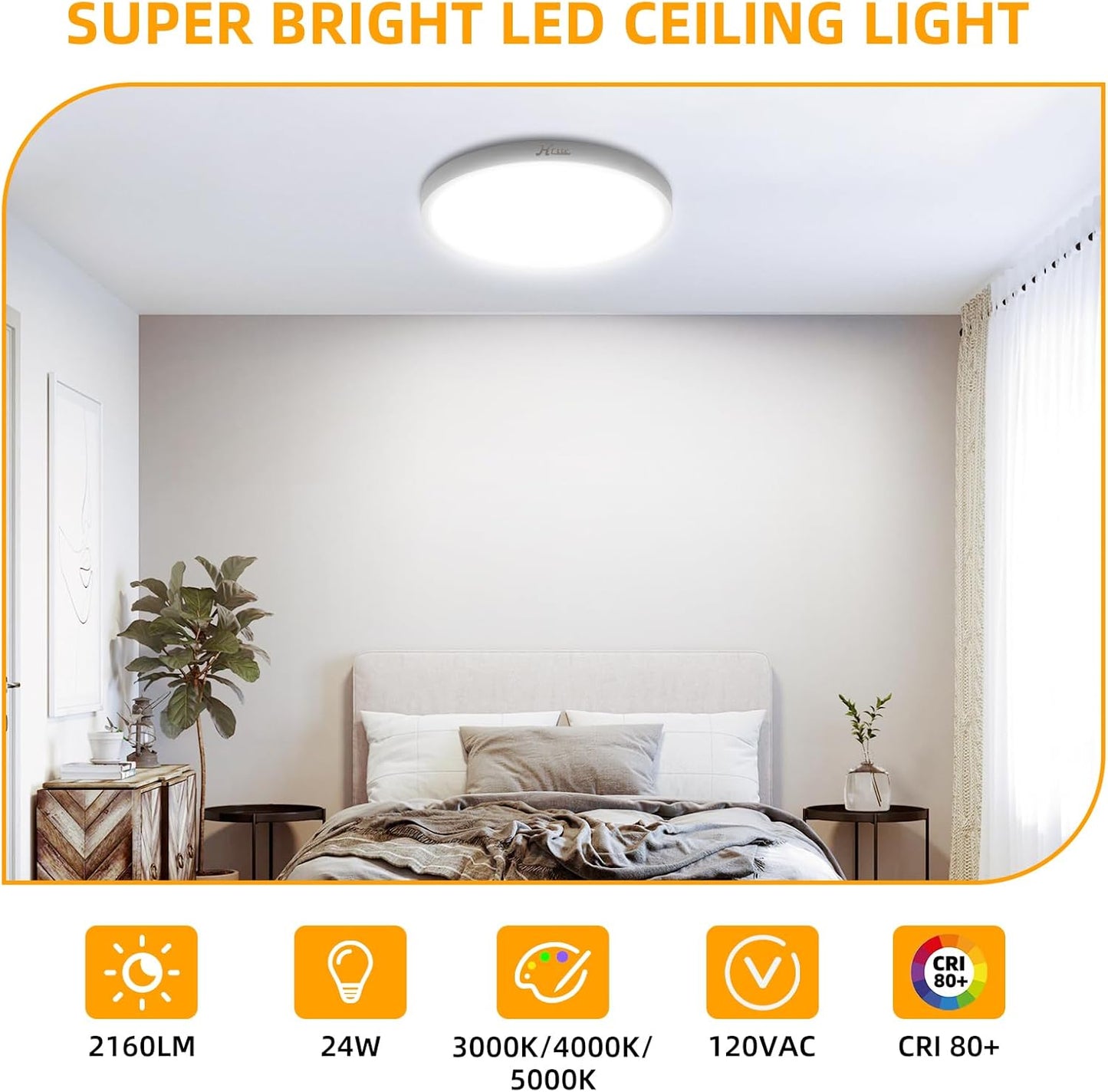 Hlite 6pack 12 inch Flush Mount LED Ceiling Light Fixture,24W 2400LM Super Slim Light Fixtures Ceiling Mount 3000K/4000K/5000K 3CCT Selectable,Light Fixtures for Kitchen,Bedroom (White)
