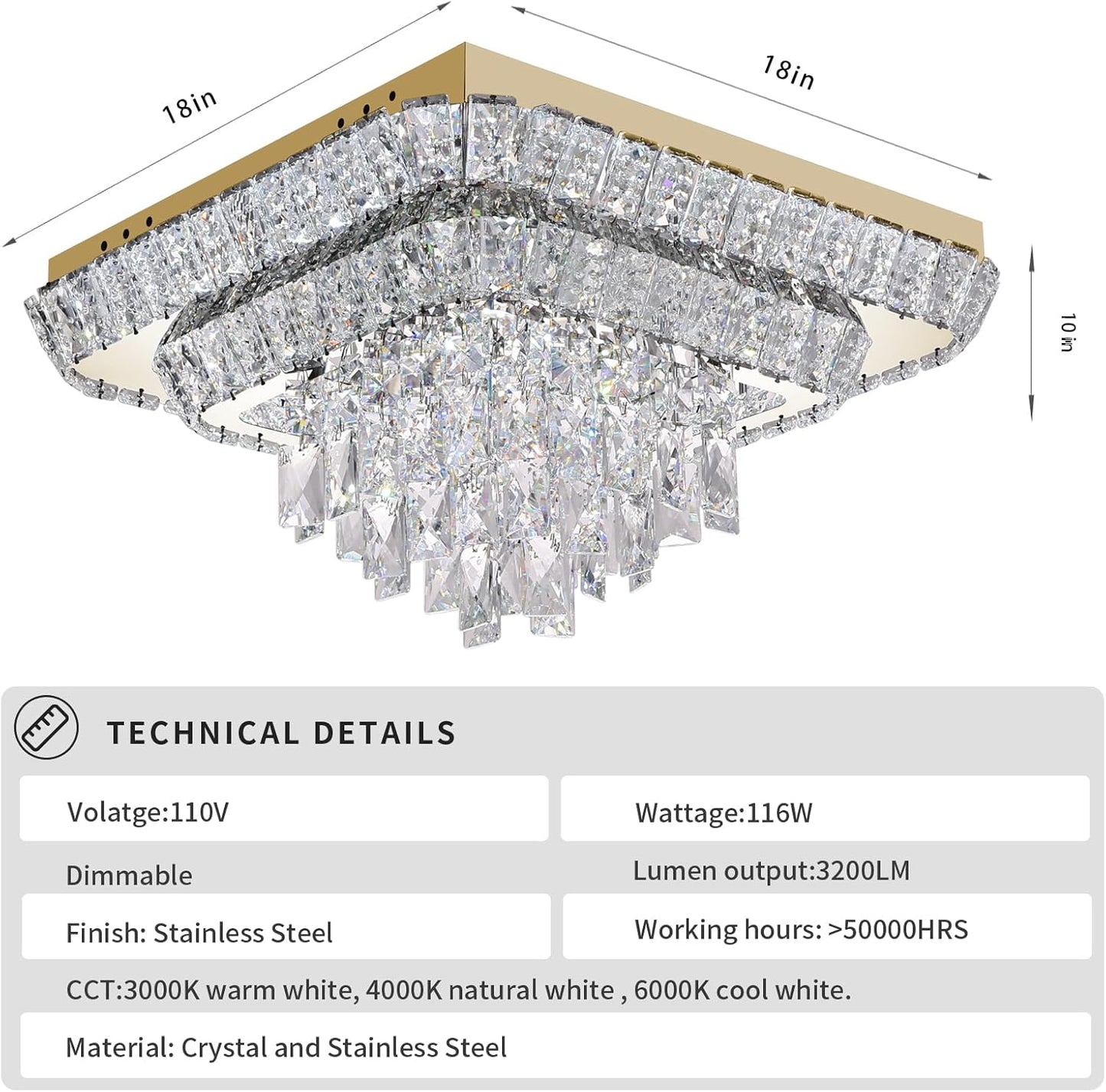 Elegant LED Gold Crystal Raindrop Ceiling Light,18 Inch Square Flush Mount Chandelier with Remote for Living Room Kitchen Island Bedroom Hallway Entryway Foyer (Dimmable)