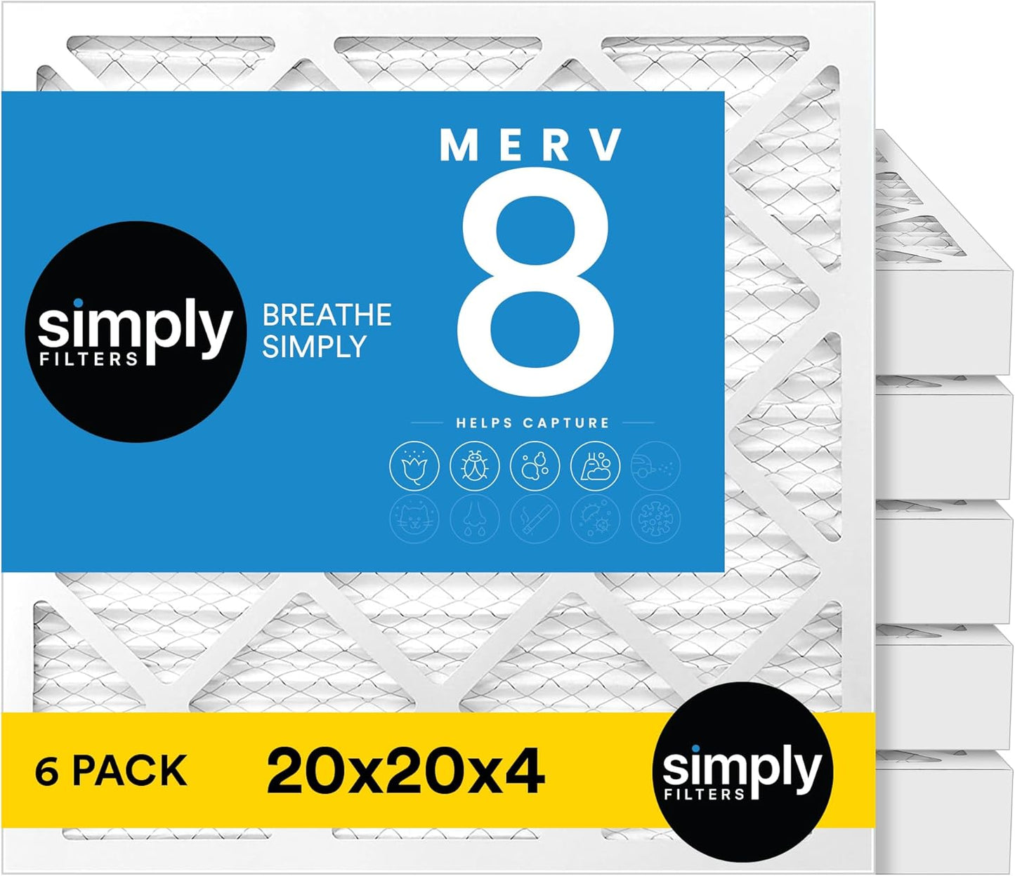 Simply 20x20x4 Air Filter, MERV 8, 6 Pack, Furnace Air Filter for HVAC (Actual Size:19.5"x19.5"x3.63") DUST, Pet, & Allergy Control