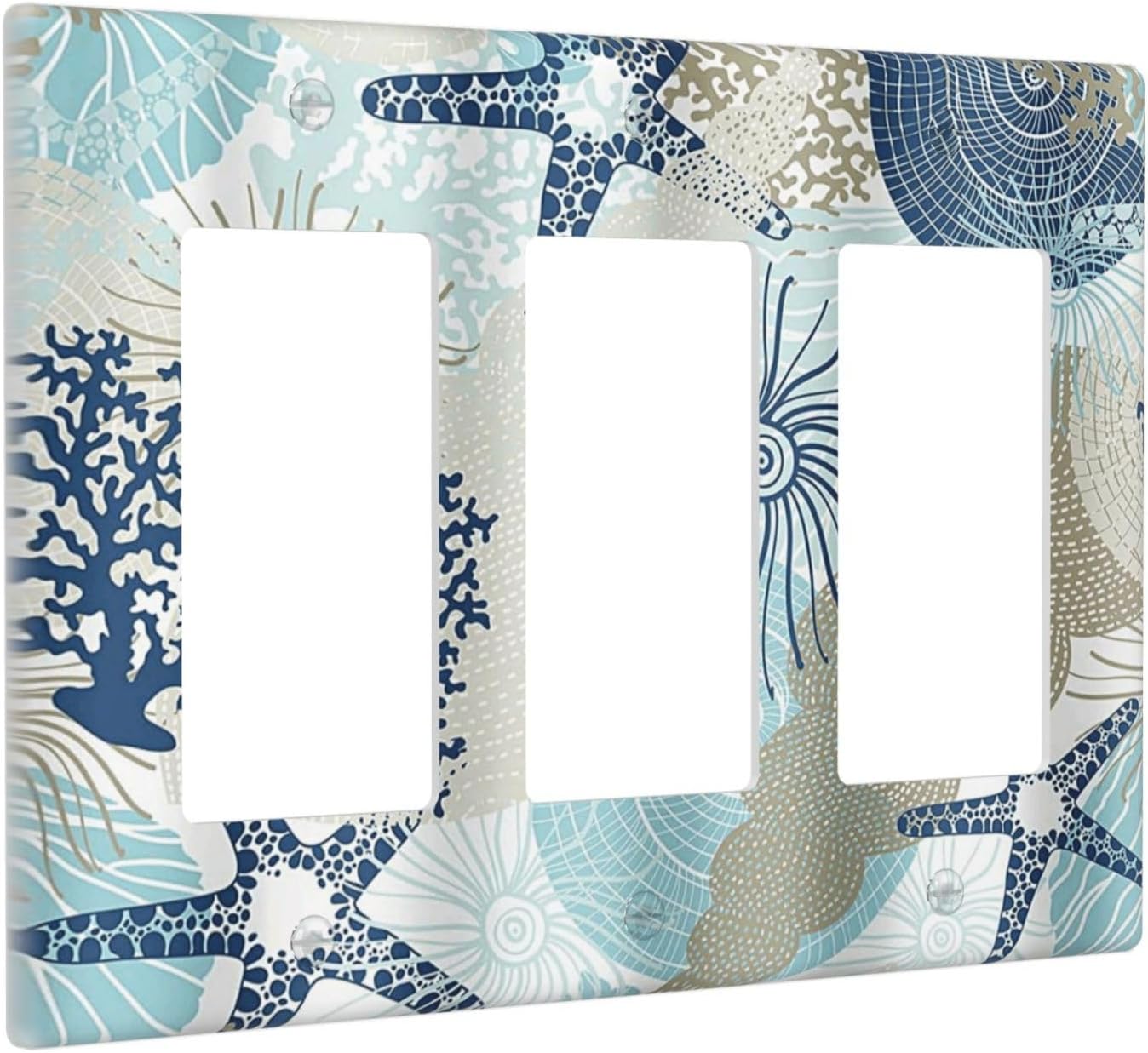 Decorative Outlet Covers Blue Starfish Brown Coral Ocean 3 Gang Light Switch Cover Plate Triple Rocker Wall Plates for Electrical Outlets Switch Plate Covers for Girlroom Home Decor
