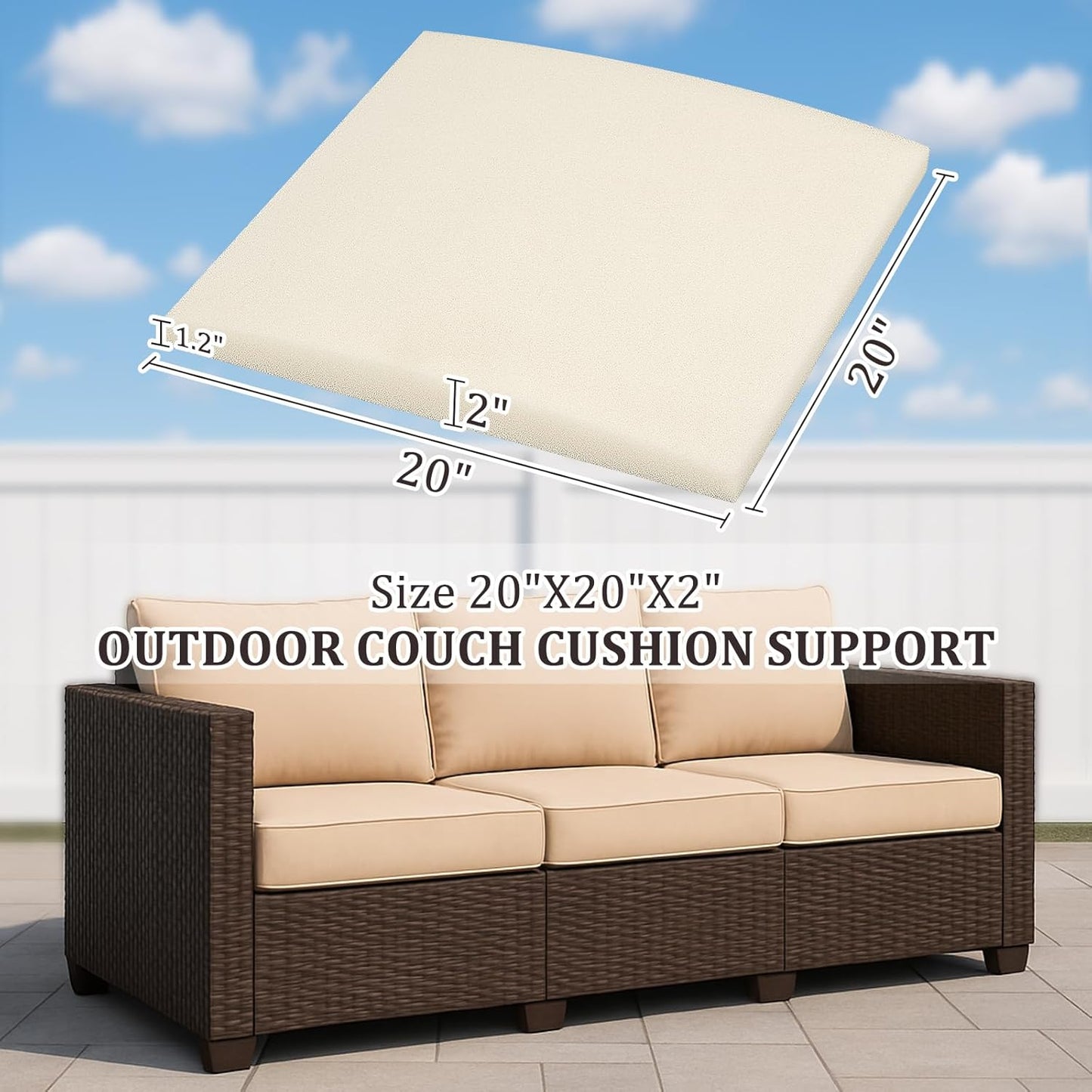 HAVARGO Couch Cushion Support for Outdoor Sagging Seat 20x20x2 Inches Couch Supports for Sagging Cushions, Quick-Drying and High Density Foam Sofa Cushion Support with Anti Slip Mesh Fabric Set of 1