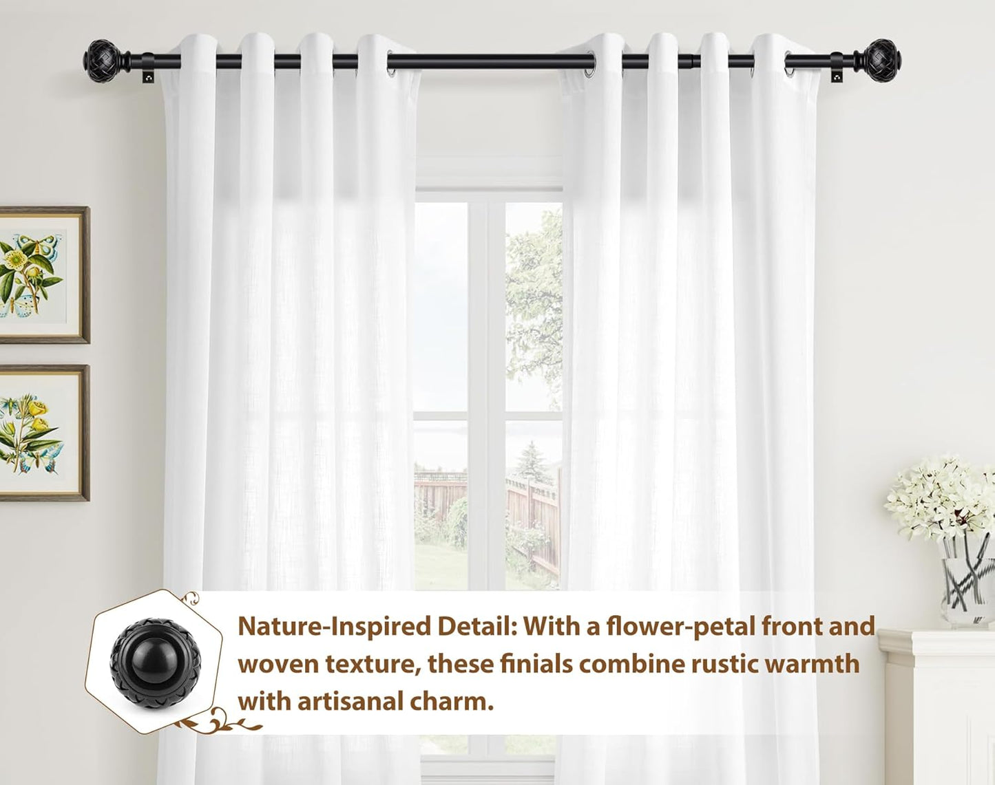 TONIAL 2 Pack Black Curtain Rod 32 to 58 Inches, 7/8 Adjustable Curtain Rods for Windows 20 to 84 Inches, Splicing Drapery Rods Heavy Duty with Netted Texture Finials
