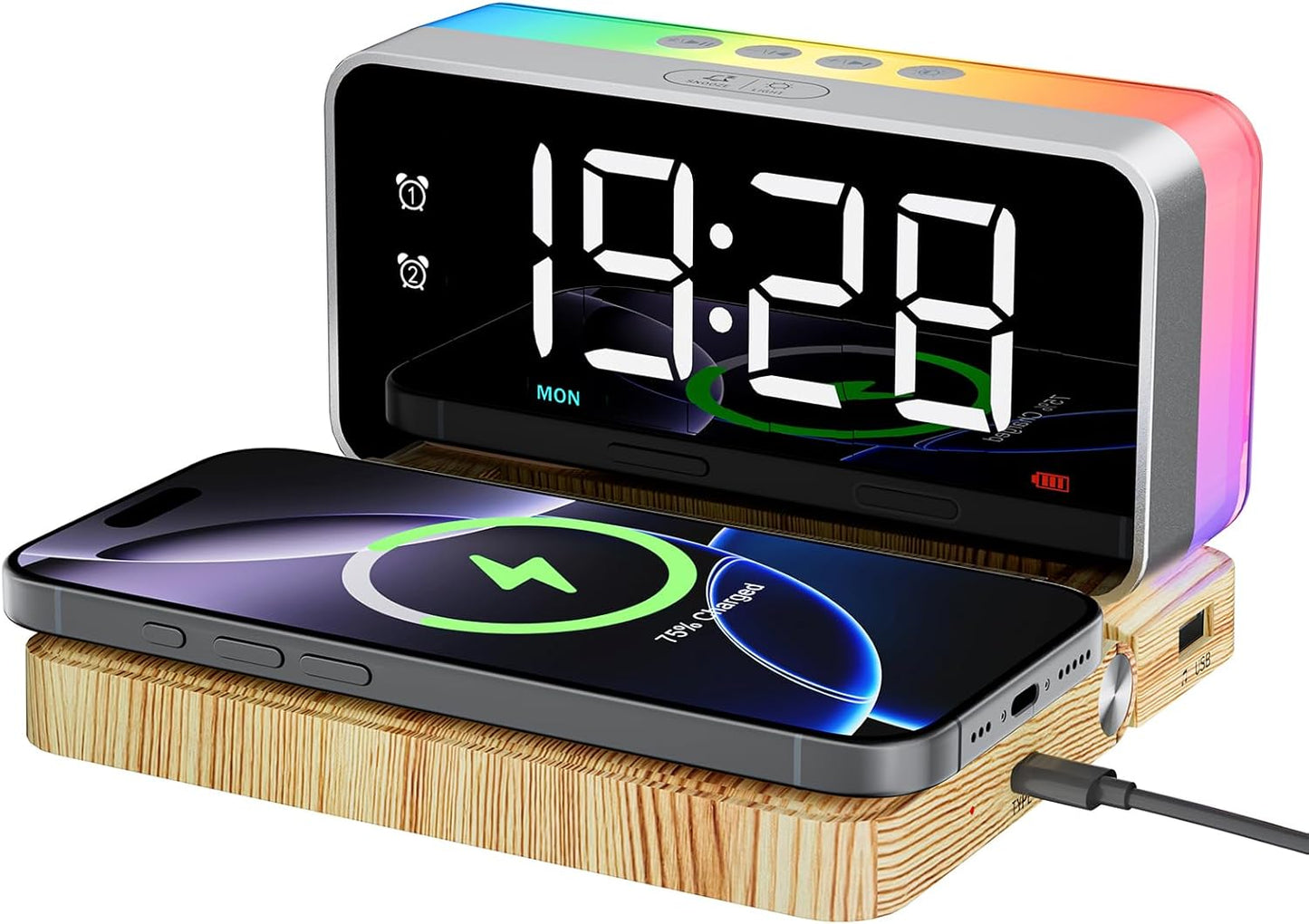 Alarm Clocks for Bedrooms with Wireless Charger Station, Bluetooth Speaker, Woodgrain, White Noise Sound Machines, RGB Night Lights, Ideal Gift for Adult Man Women Teen Girls Boys