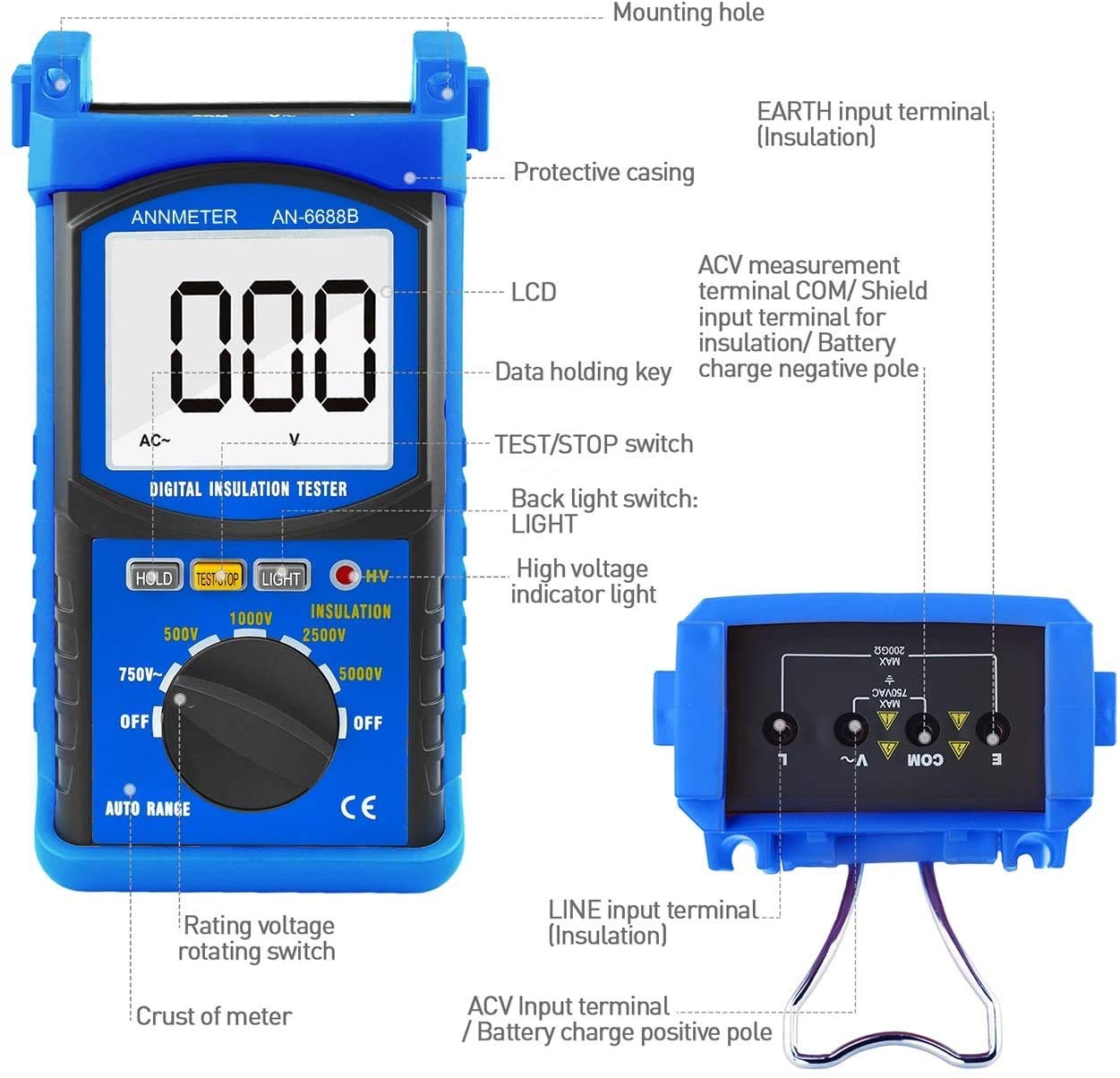 Digital Insulation Resistance Tester, AIMOEST Megohmmeter 200GΩ Meg Ohmmeter, 500V/1000V/2500V/5kV Test Voltage, Auto Ranging Mega Ohm Meter AC Voltmeter AI-6688B with Over-Range Indicator
