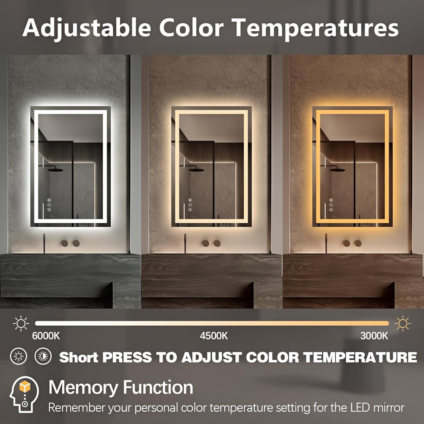 Niccy 36" x 24" LED Bathroom Mirror with Lights, Backlit and Front Lit, Lighted Vanity Mirror for Wall with 3 Colors, Anti-Fog, Shatter-Proof, Memory for Bedroom, Horizontal/Vertical