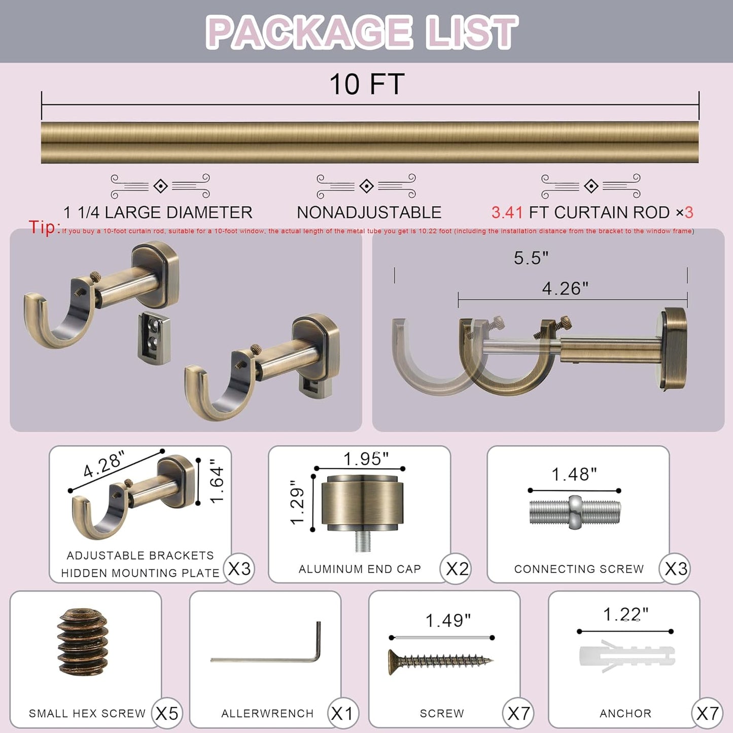 Heavy Duty Curtain Rods,1 1/4" Large Diameter Premium Nonadjustable Curtain Rod,120in/10ft Custom Window Treatment Rods with Durable Aluminum Brackets and End Caps,Dark Bronze Finish