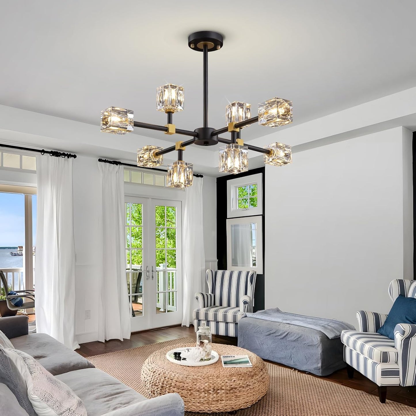 Black Sputnik Chandelier,Crystal Chandeliers with 8-Lights,Modern Semi Flush Mount Ceiling Light Fixture with Adjustable Height,Pendant Light Fixture for dining room,kitchen island,bedroom,living room