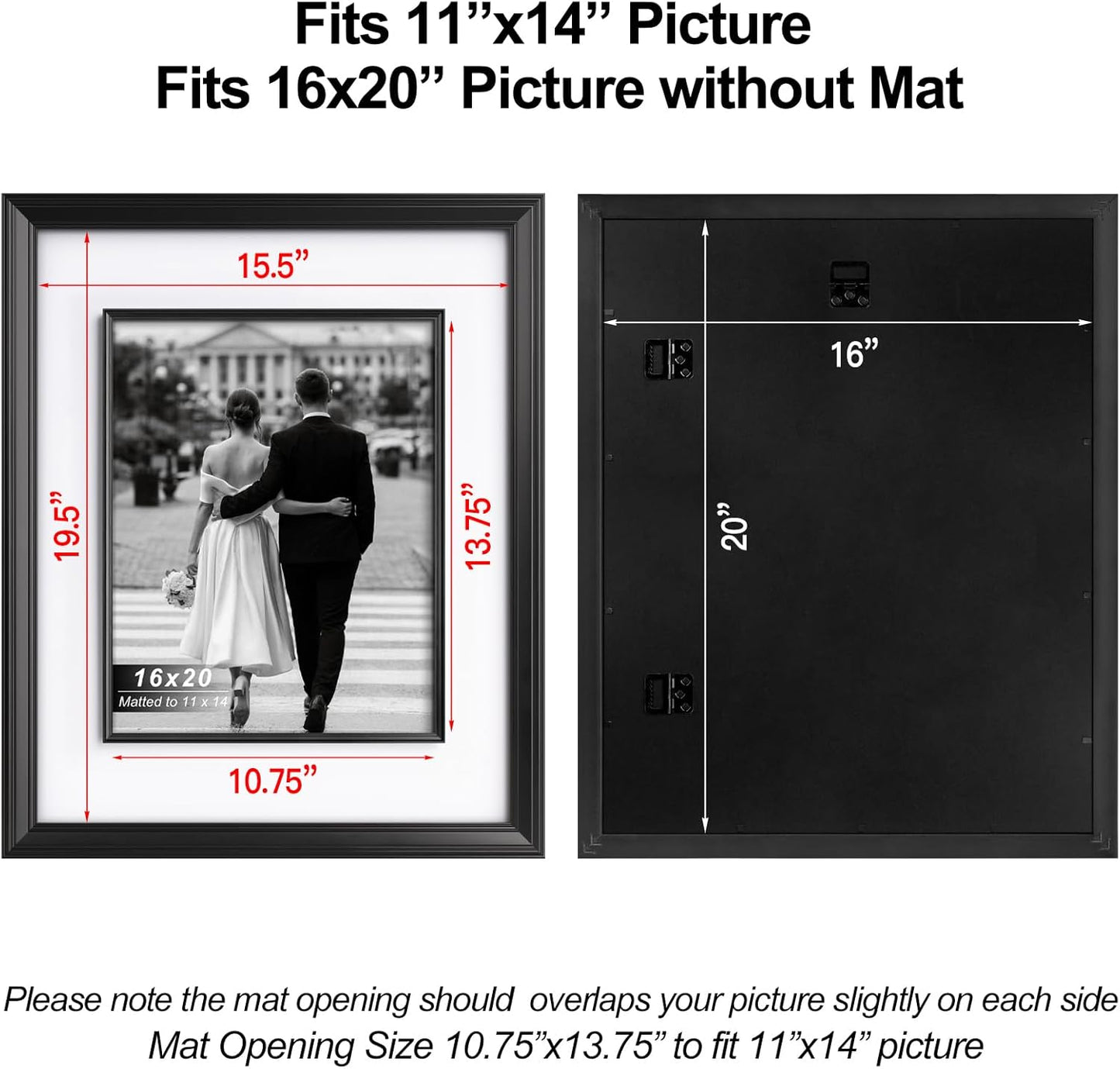 Yaetm 16x20 Black Picture Frame with Decorative Inner Frame & Tempered Glass, Display 11x14 Photos with Mat on Wall - Portrait or Landscape - Ideal for Office & Home Décor (Black, 2 Pack)
