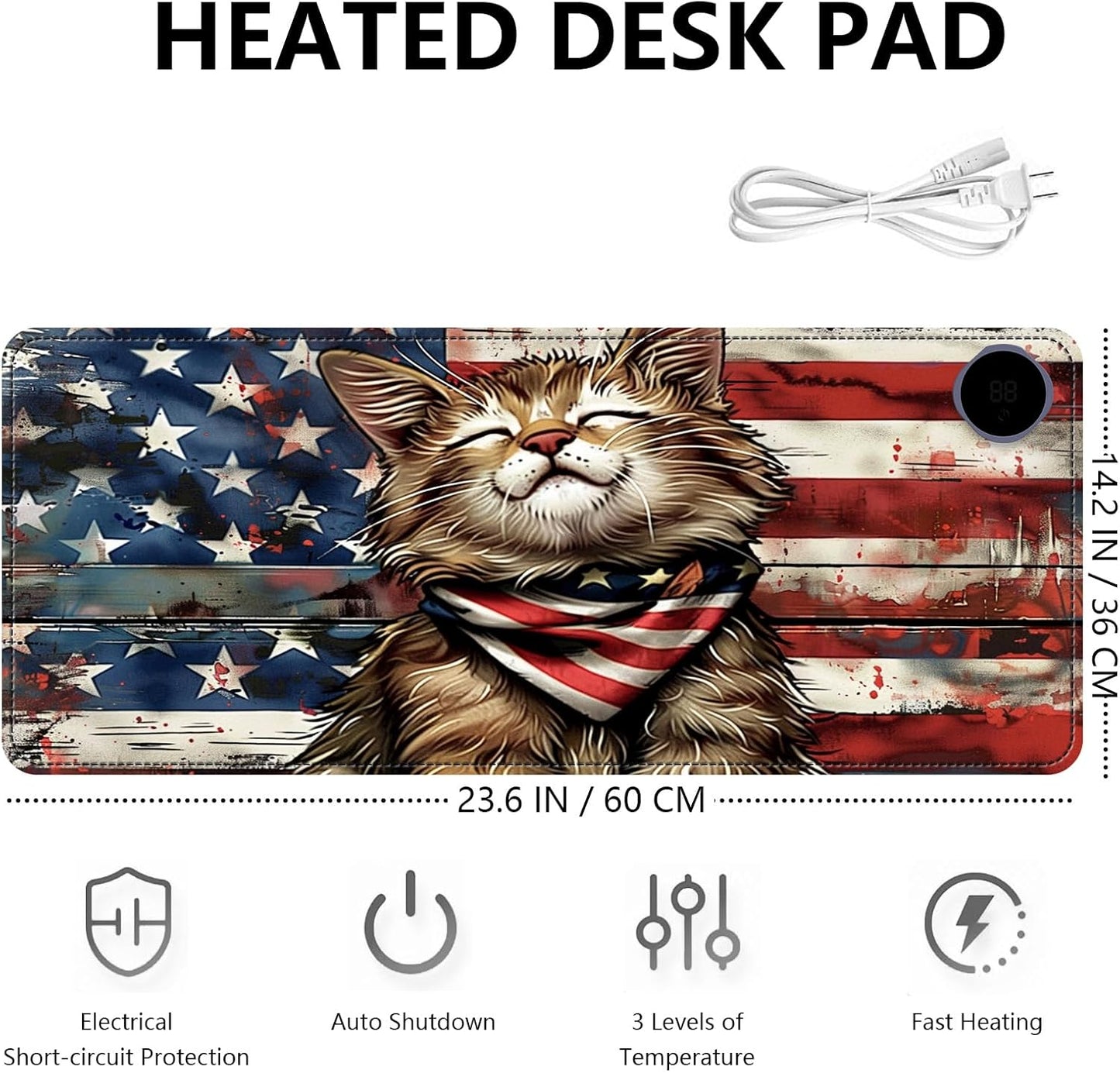Heated Mouse Pad with 3 Levels Heated & 3 Hours Auto Shut-Off Mouse Pad for Warming Hands in Office Home, 23.6" x 14.2"Large Safe Desk Mat Hand Warmer，Flag Cute Cat