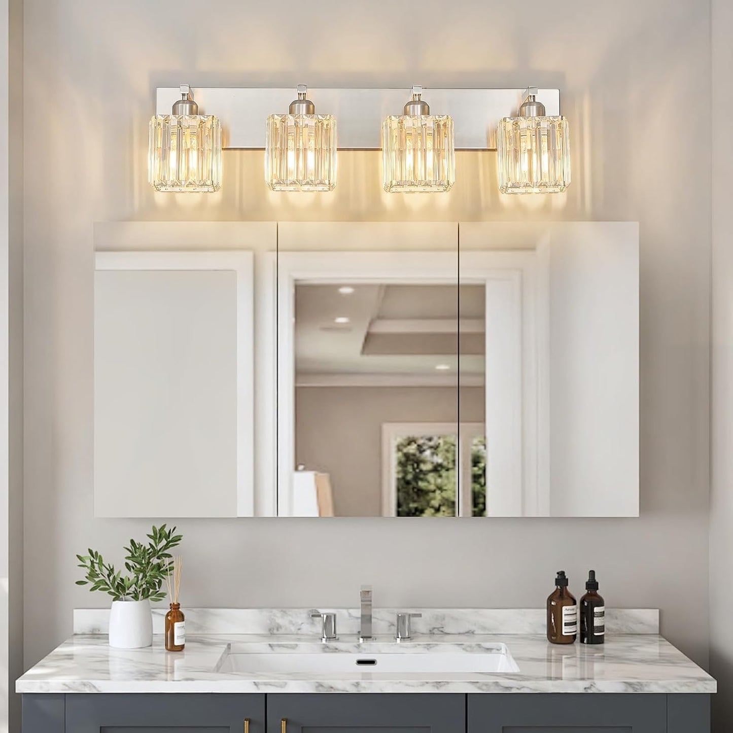 Modern Vanity Light 4-Lights Brushed Nickel Vanity Light Crystal Bathroom Wall Light Bathroom Light Fixtures