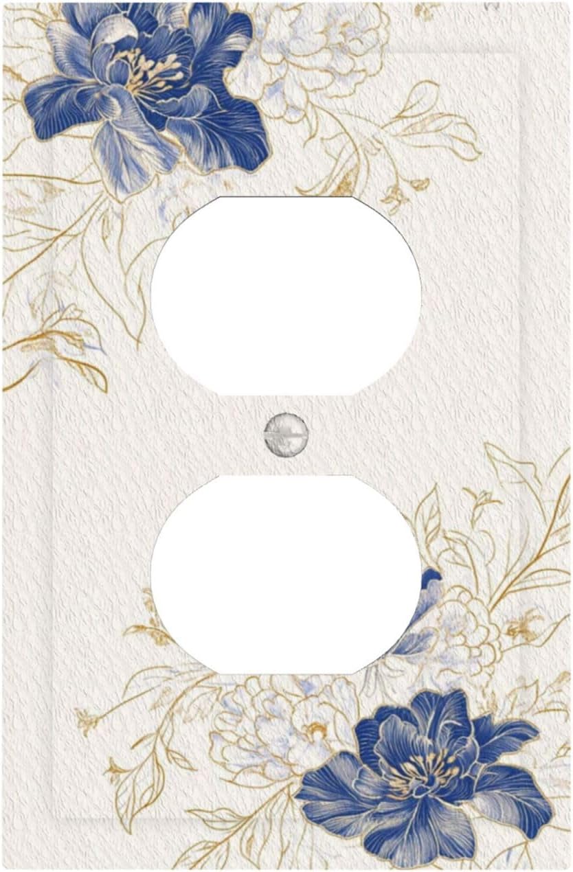 Decorative Outlet Covers Rustic Blue Flower Floral Gold Leaf 1 Gang Duplex Light Switch Cover Plate Unique Wall Plates for Electrical Outlets Switch Plate Covers for Bedroom Home Decor