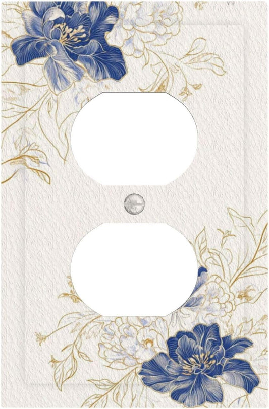Decorative Outlet Covers Rustic Blue Flower Floral Gold Leaf 1 Gang Duplex Light Switch Cover Plate Unique Wall Plates for Electrical Outlets Switch Plate Covers for Bedroom Home Decor