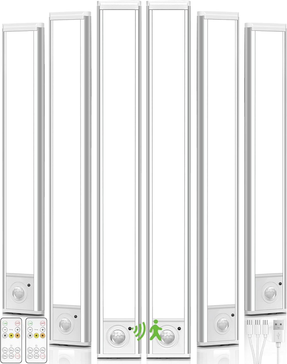 6Pack 16inch Under Cabinet Lighting, Rechargeable Motion Sensor Light Wireless Indoor, Dimmable 3 Color Temps Closet Lights with Remote, Under Counter LED Lights for Kitchen, Stairs